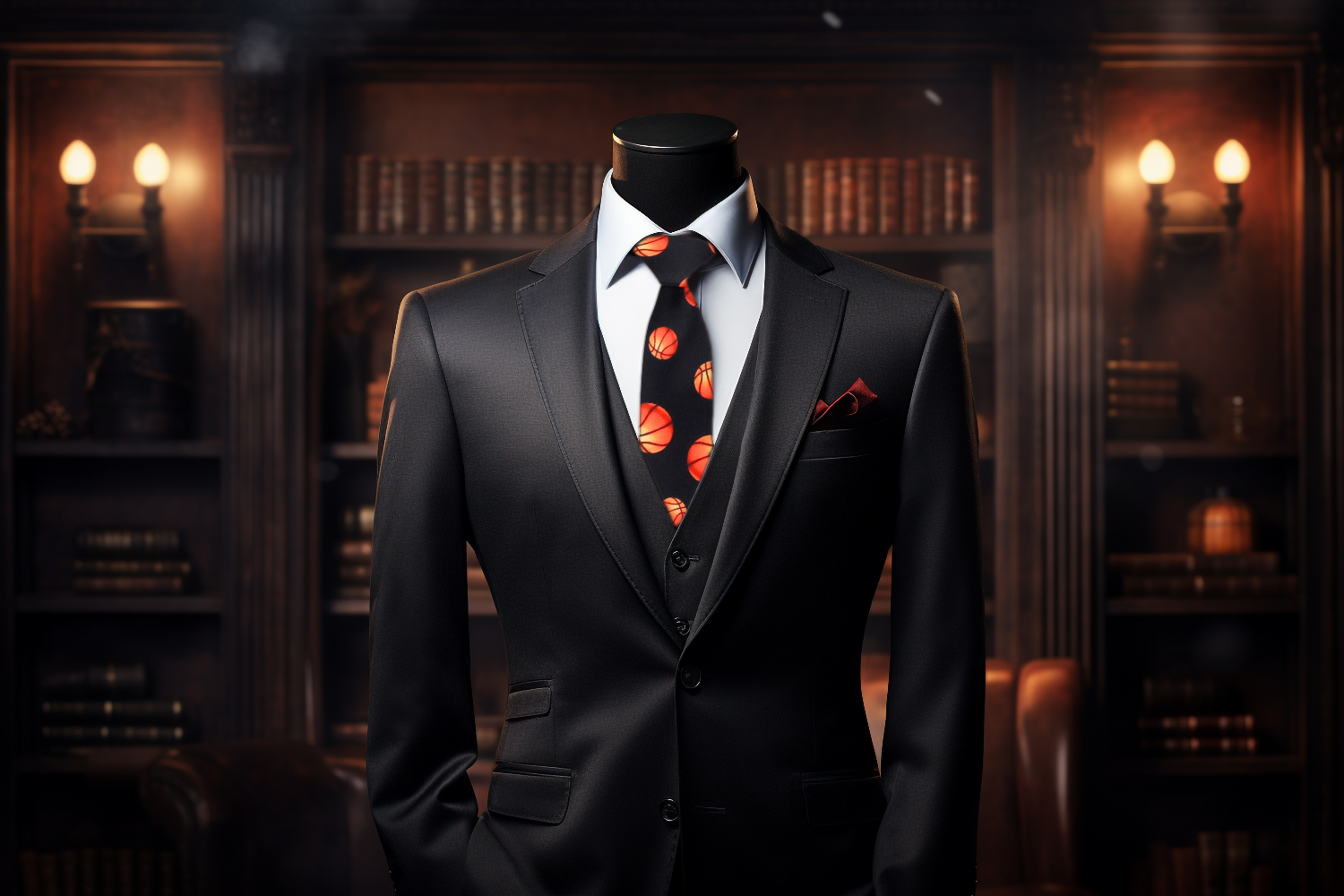 Close-up of orange basketballs woven into the black silk necktie.