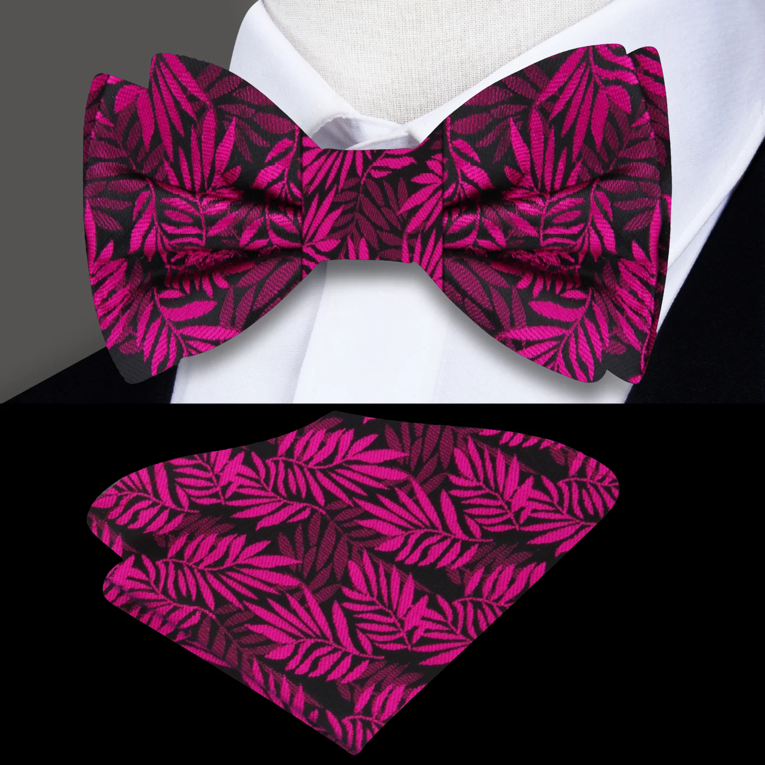 Man adjusting a self-tie bow tie with botanical design at a wedding