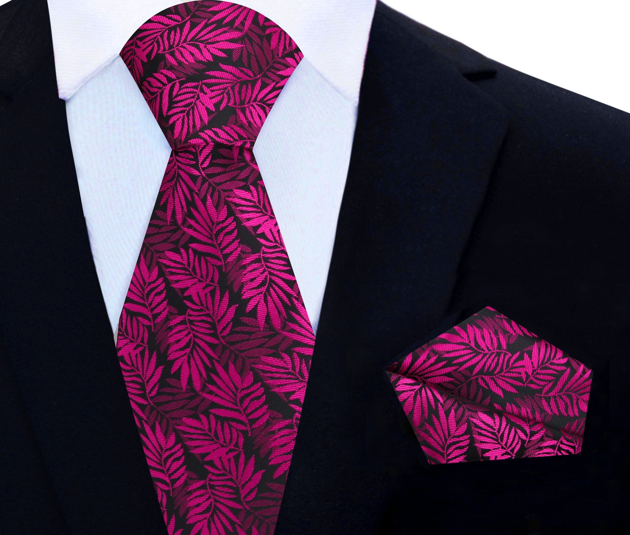 Silk necktie with red, pink, and black leaves pattern for weddings and formal events