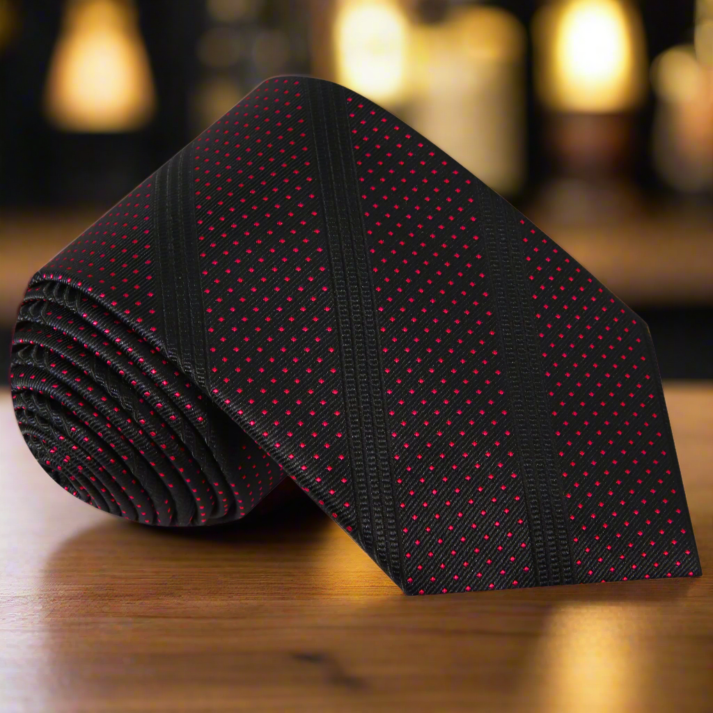 Elegant black silk necktie with red dots displayed on a grey suit.