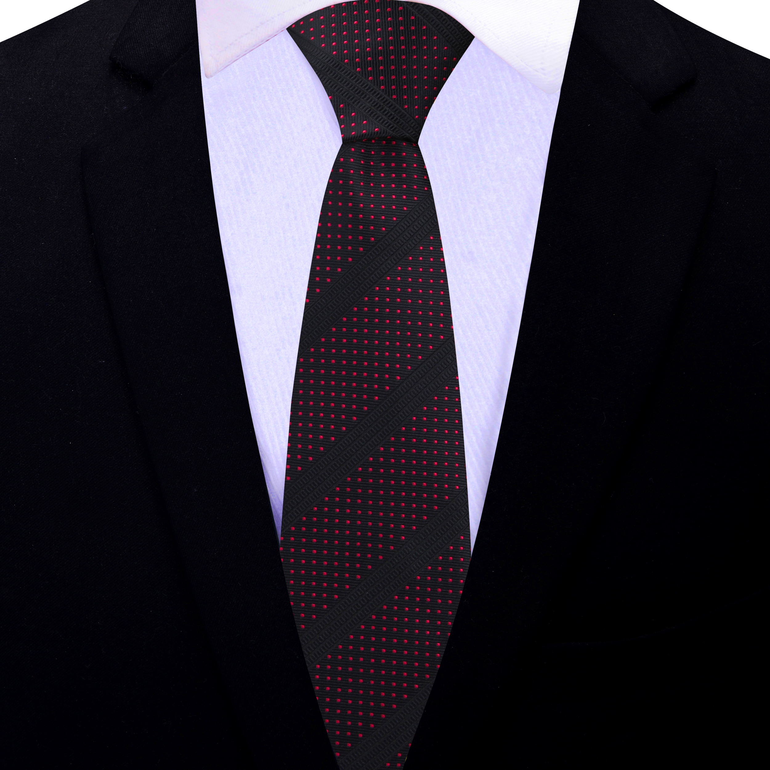 Close-up of the black and red necktie showcasing the intricate design.