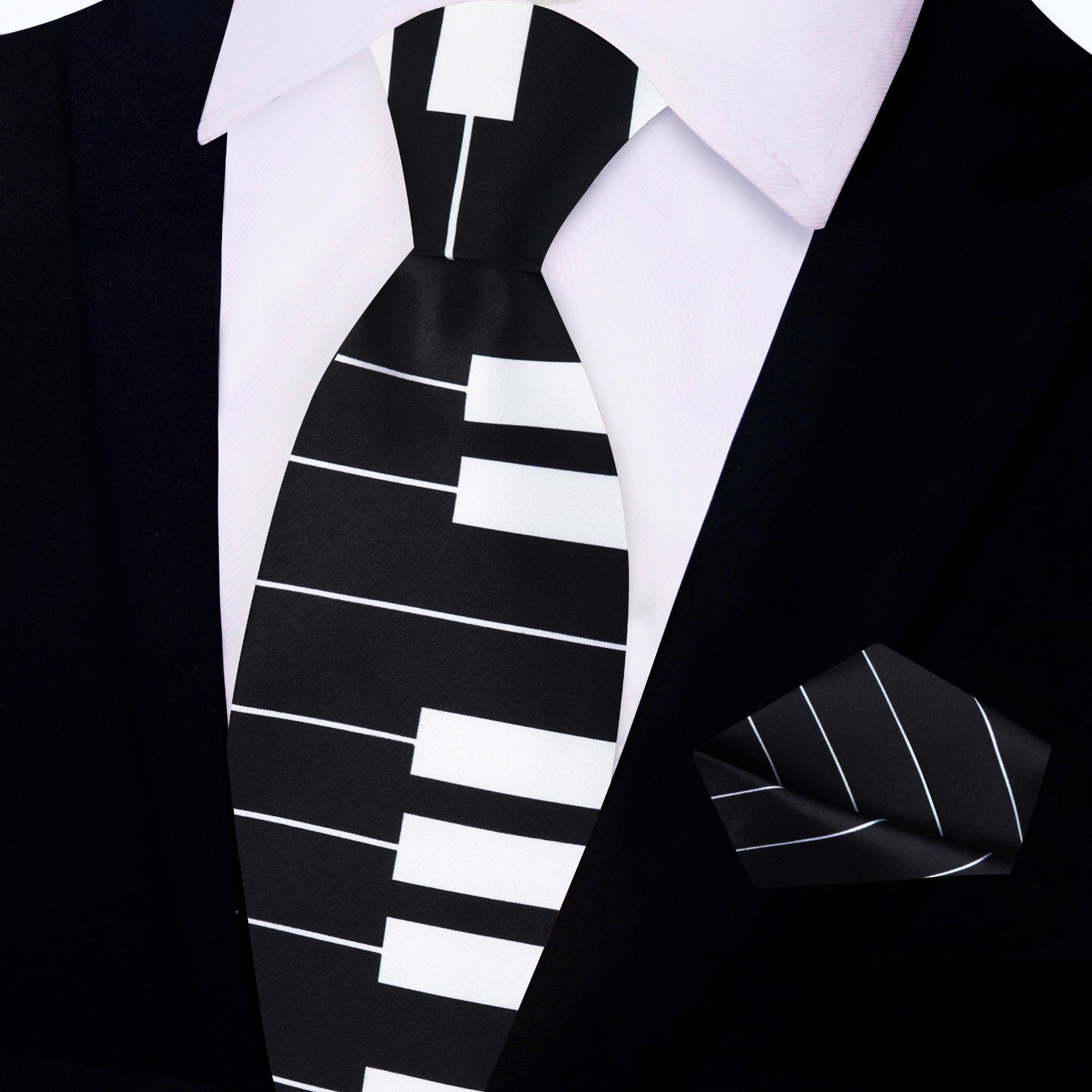 Close-up of black and white piano tie with silk sheen, perfect for formal music events