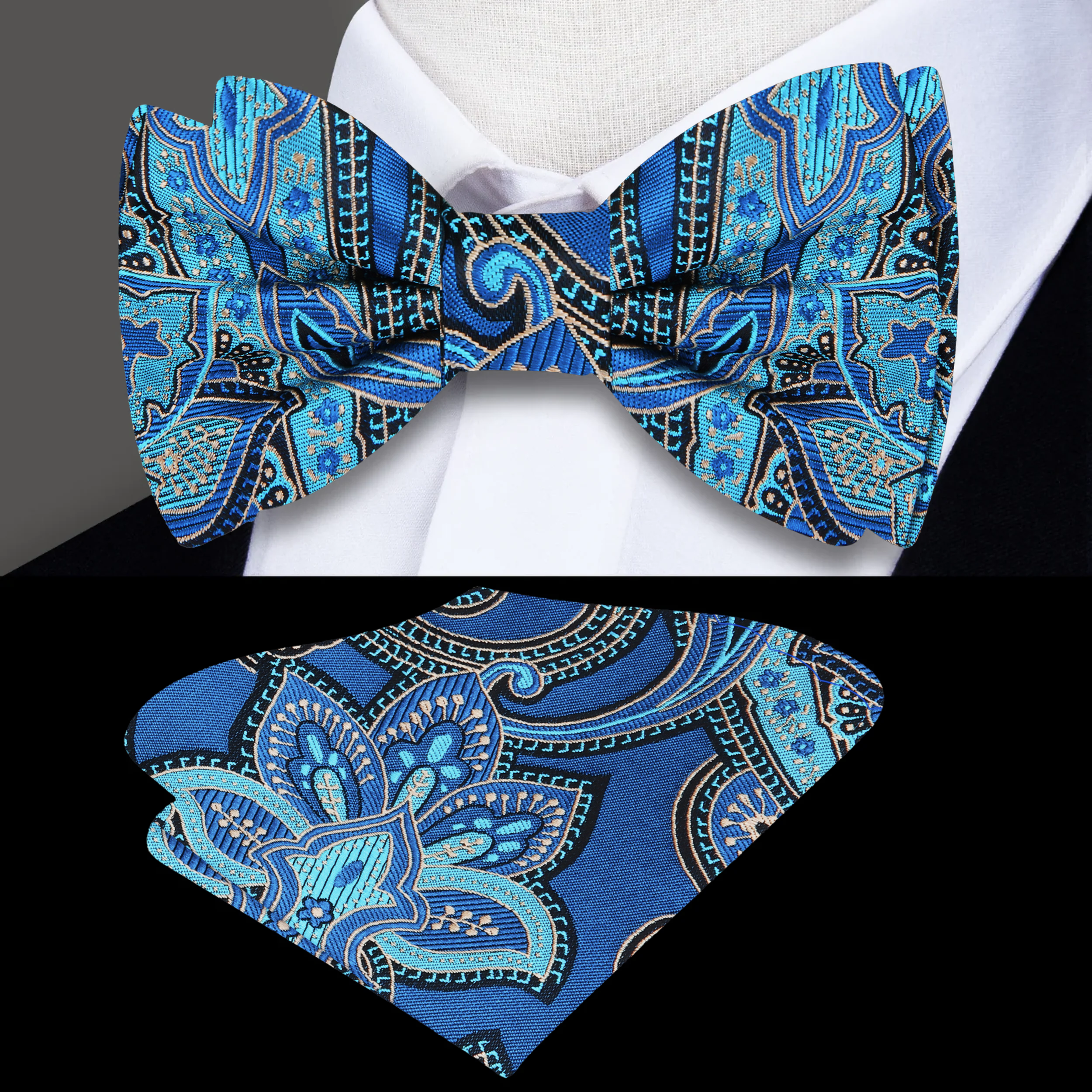 Close-up of the detailed paisley pattern on a teal bow tie, highlighting the rich color and silk material.