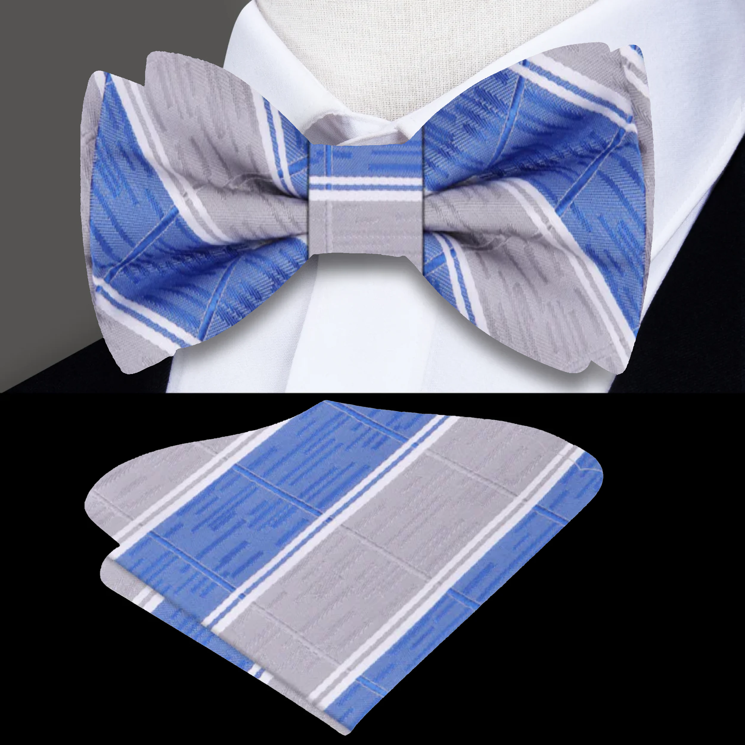 Front view of the blue plaid silk bow tie on a mannequin, highlighting its pattern and craftsmanship.