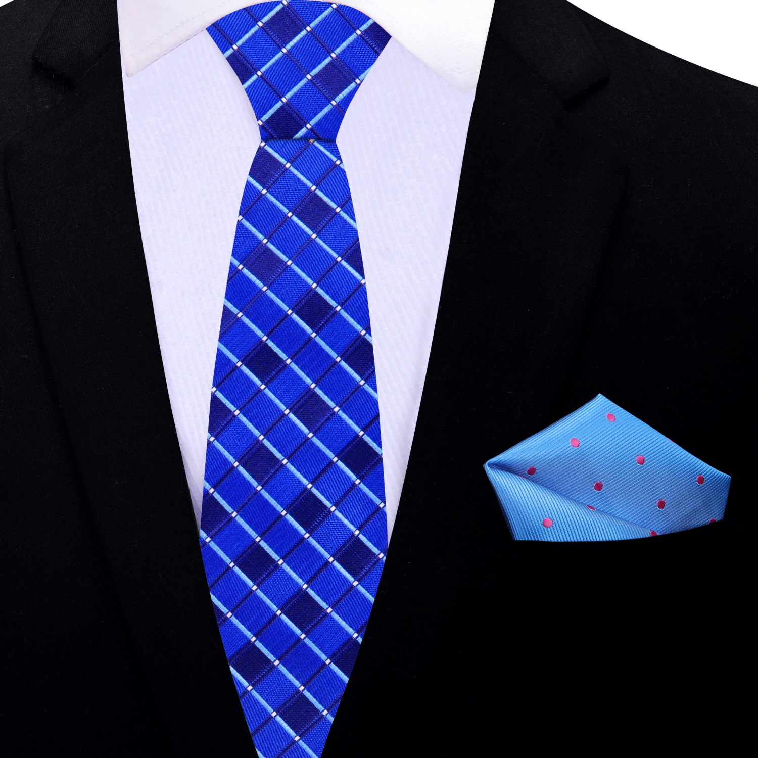 Blue necktie displayed against a navy suit background, highlighting color harmony.