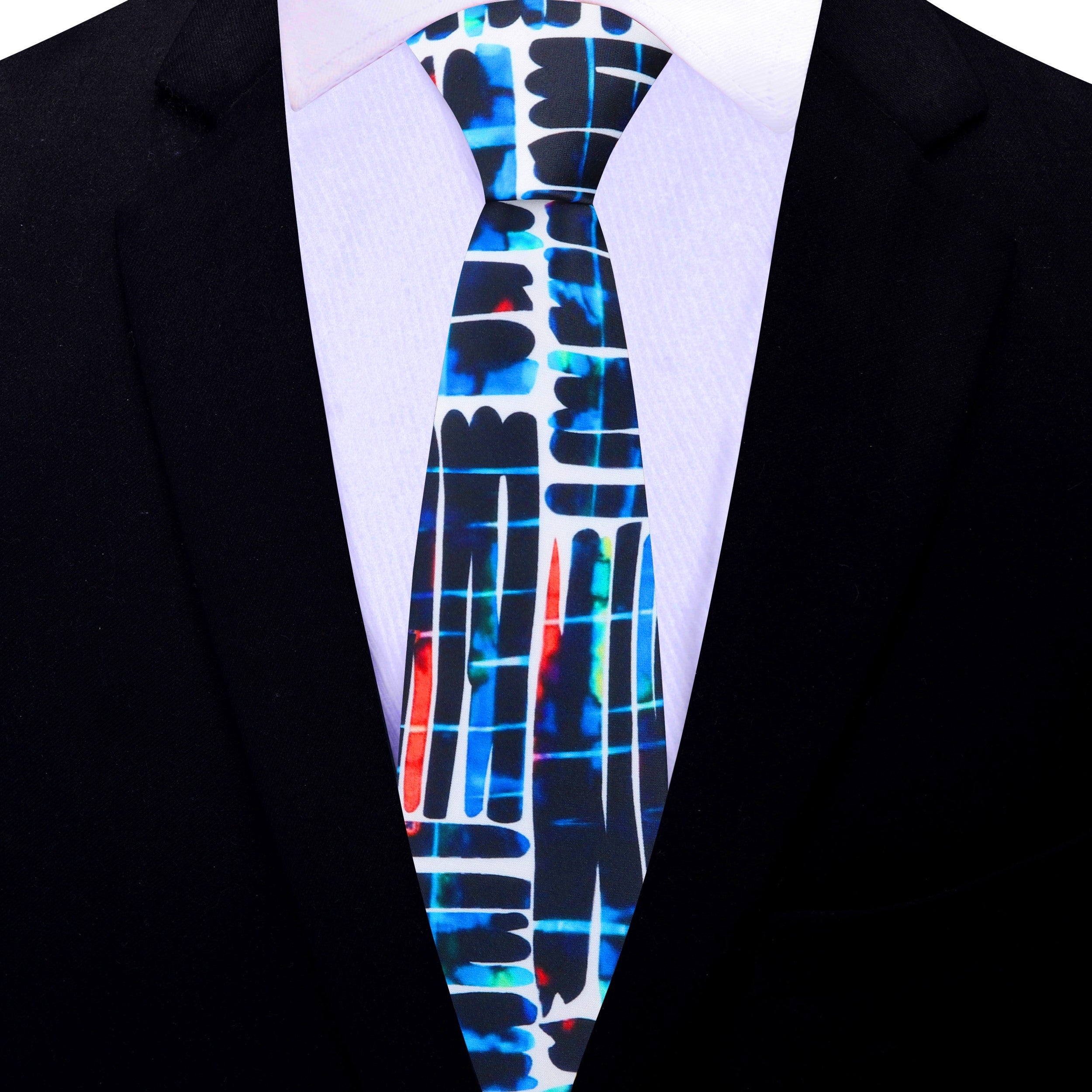 Front view of Dreamscape silk necktie with abstract lines in black and blue
