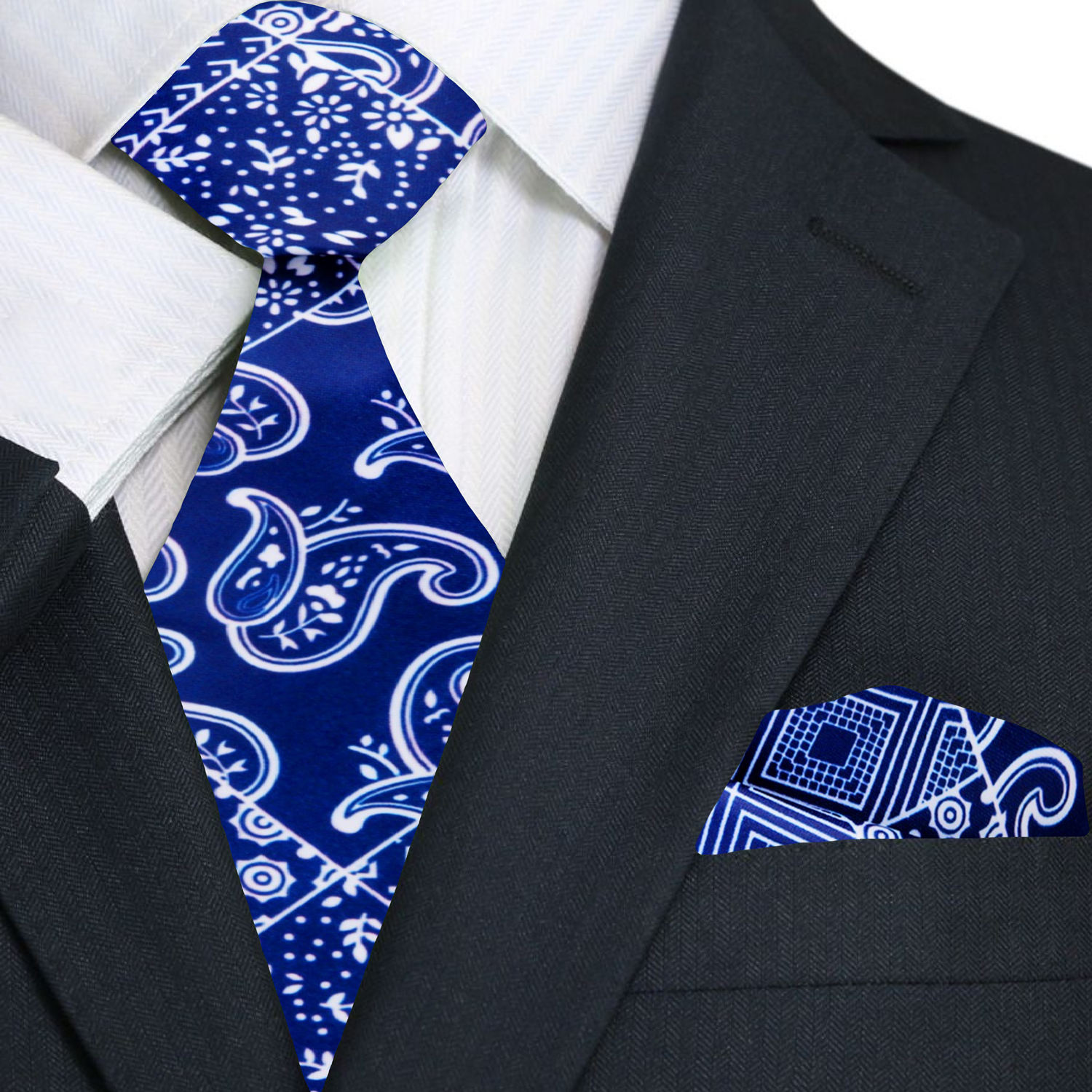 Navy paisley necktie styled with a charcoal gray suit, emphasizing its elegance for formal occasions.