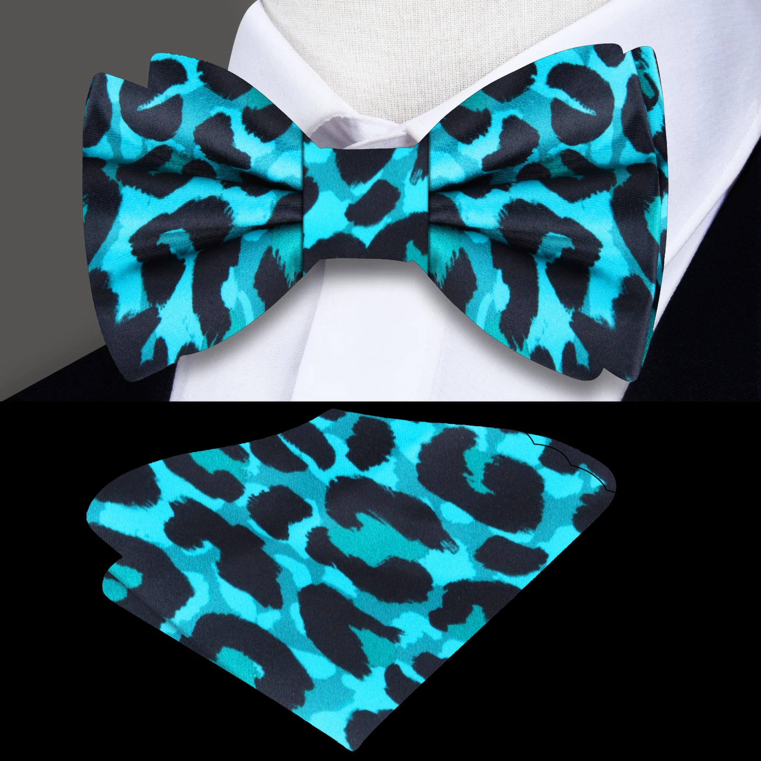 Close-up of a stylish mens bow tie with adjustable strap and wild animal print