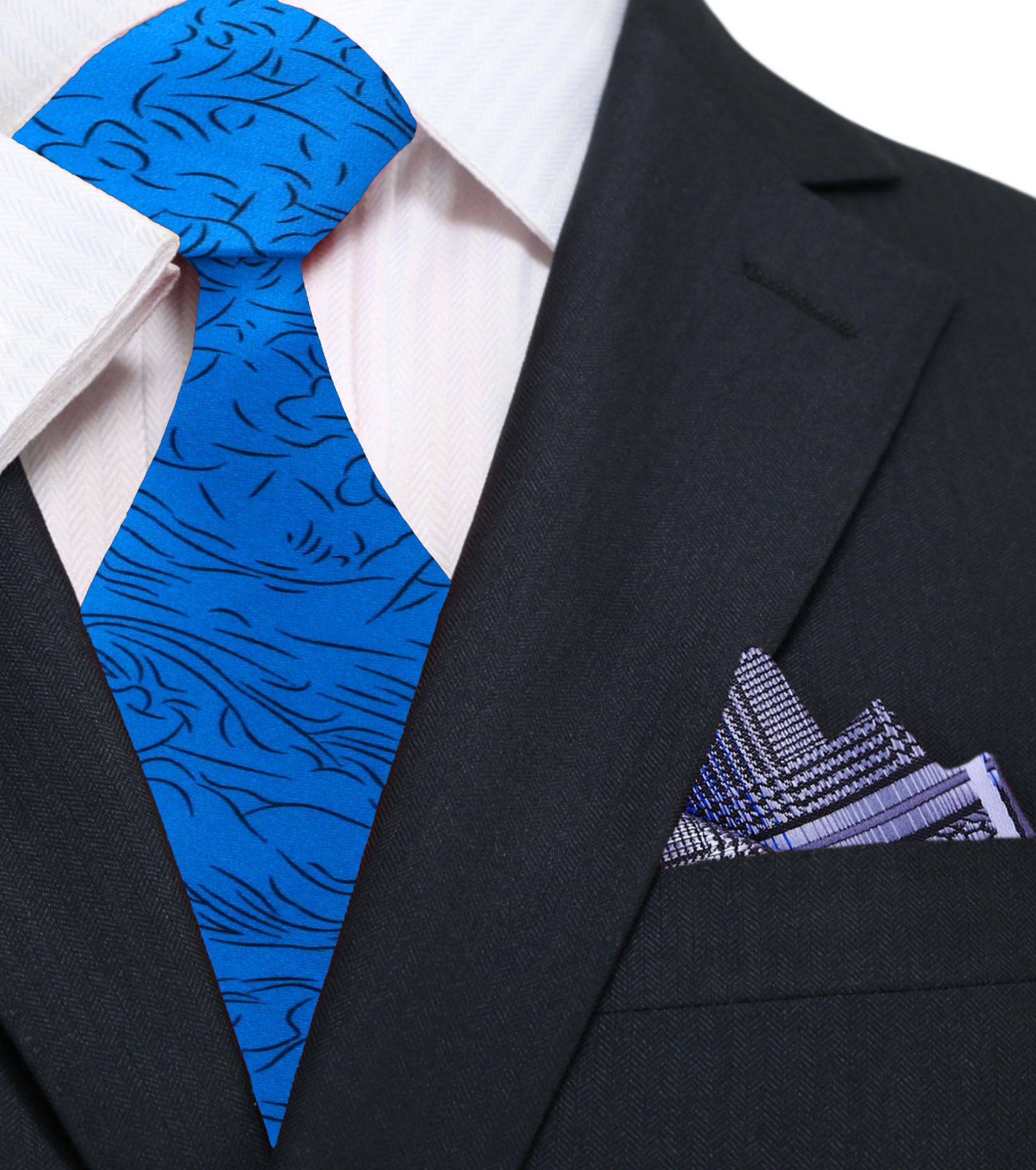 A model wearing the Royal Elegance Blue Silk Tie with a charcoal grey suit, perfect for business meetings.