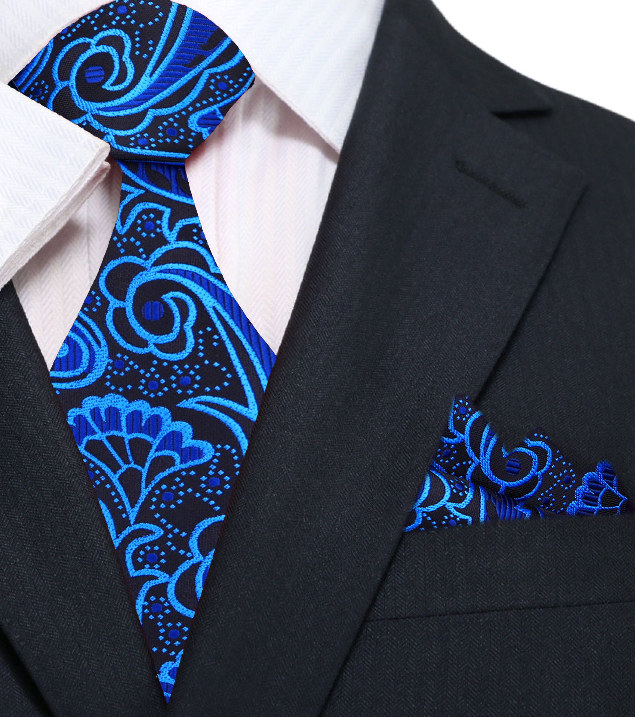Burgundy paisley silk necktie displayed on a tailored suit, showing intricate patterns.