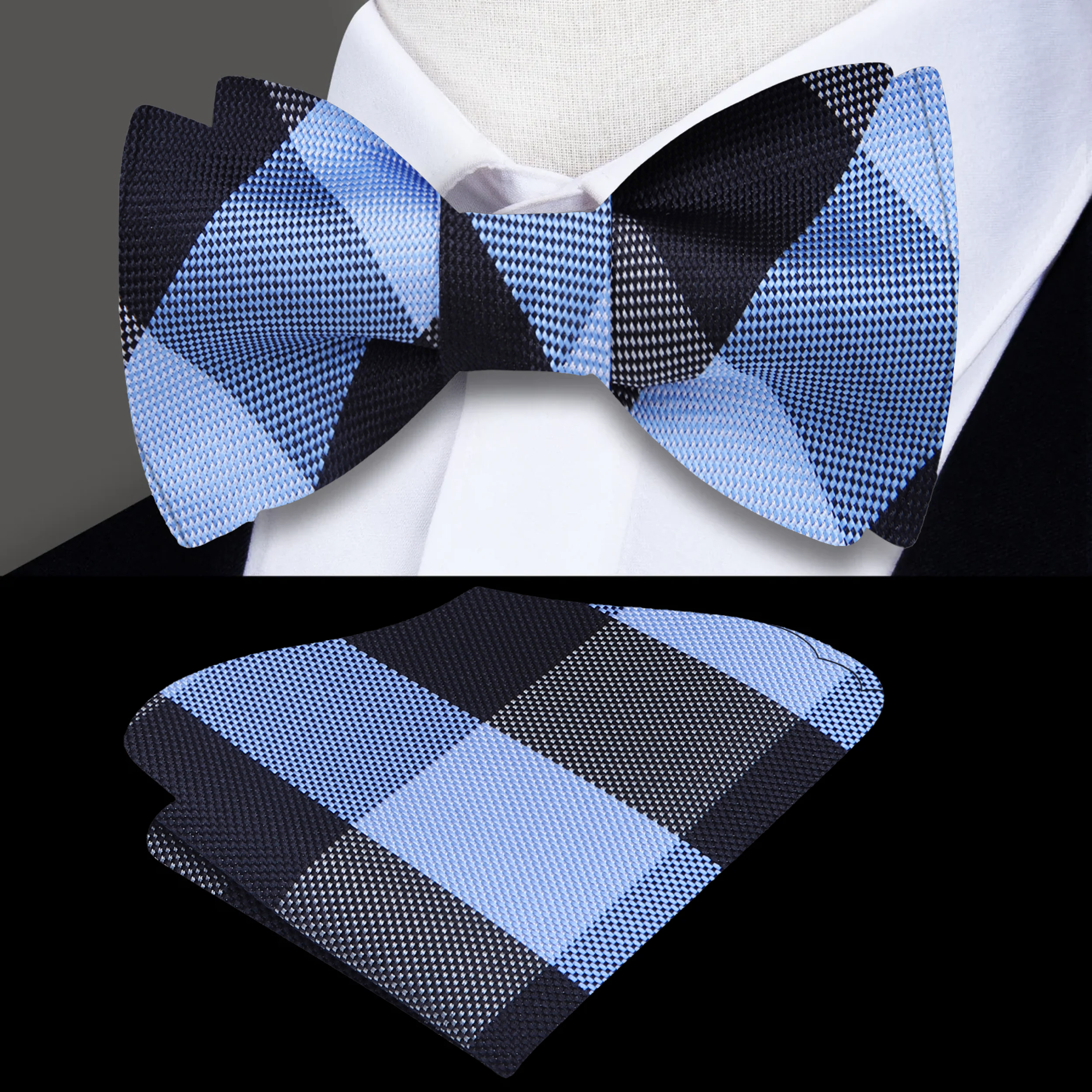 Fashionable man wearing a plaid bow tie with a shirt and blazer, ideal for evening outings