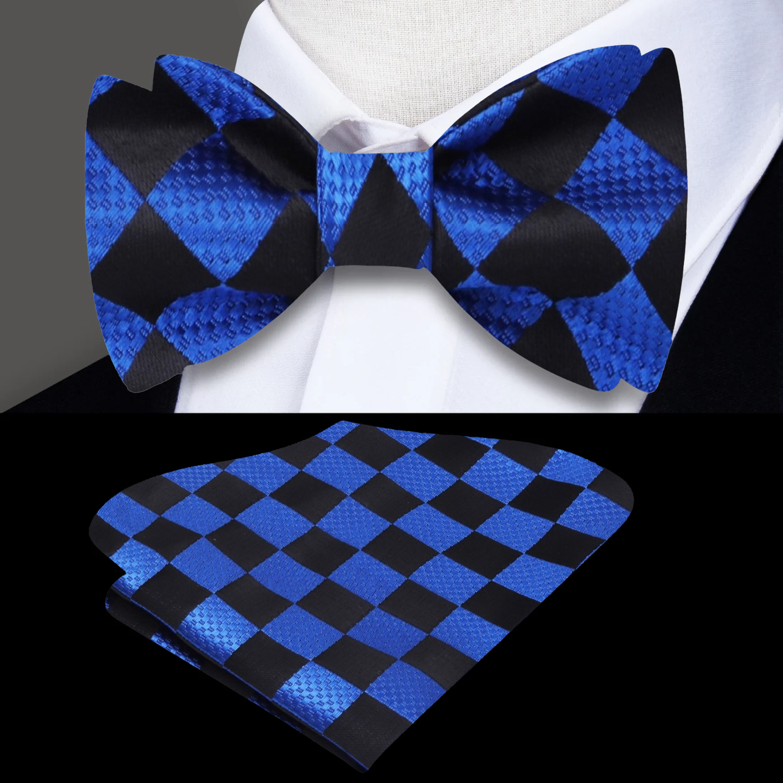 Front view of a geometric checkerboard self-tie bow tie in vibrant colors