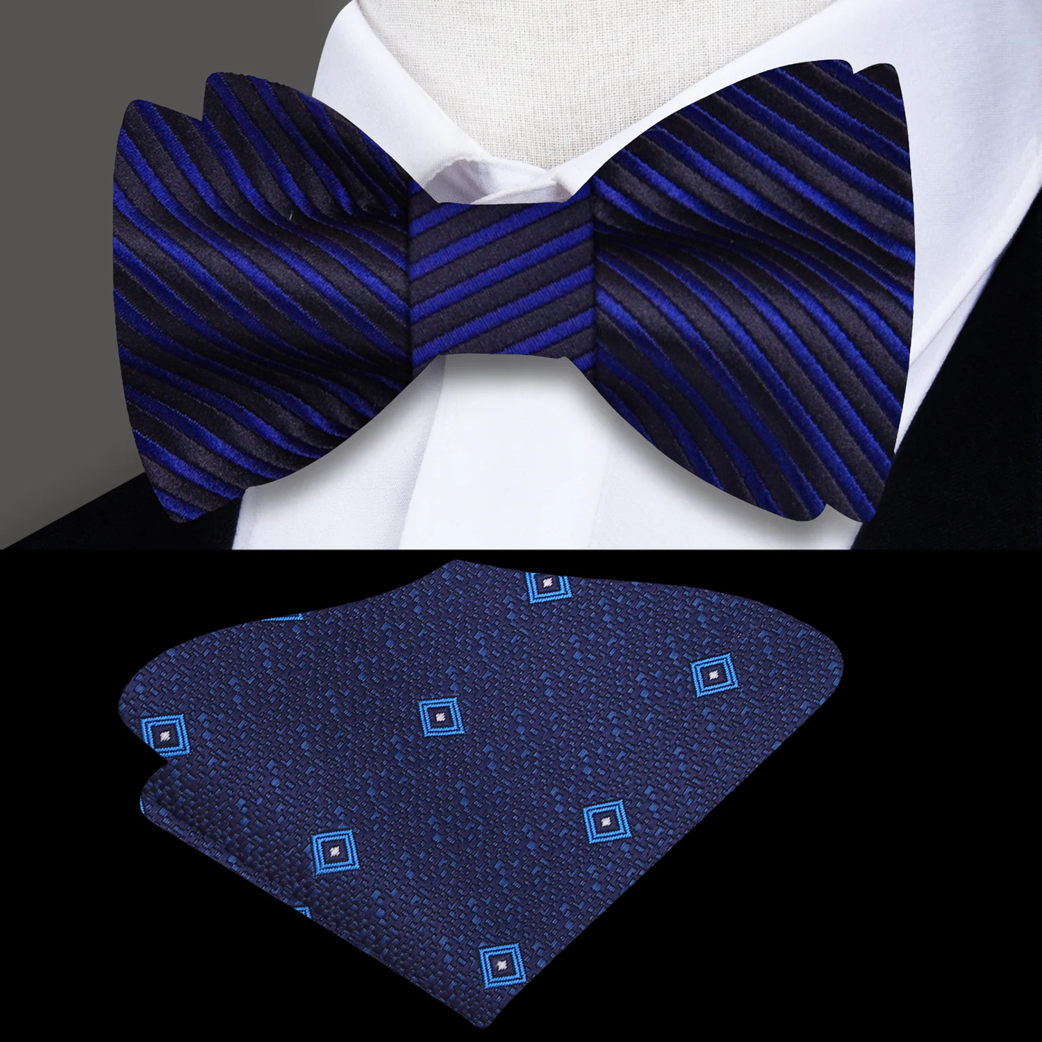 Black and blue pinstripe silk self-tie bow tie styled with a white dress shirt