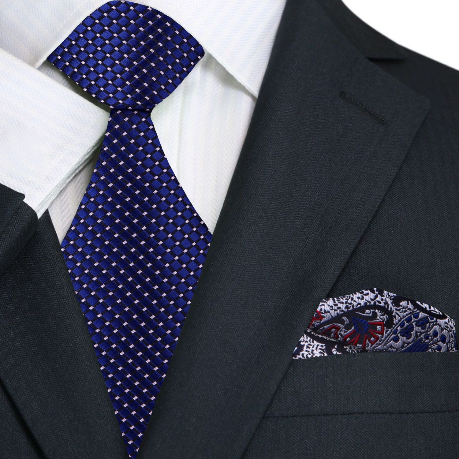 Close-up view of the dark blue silk tie with white geometric checks, showcasing the fabric texture and pattern.