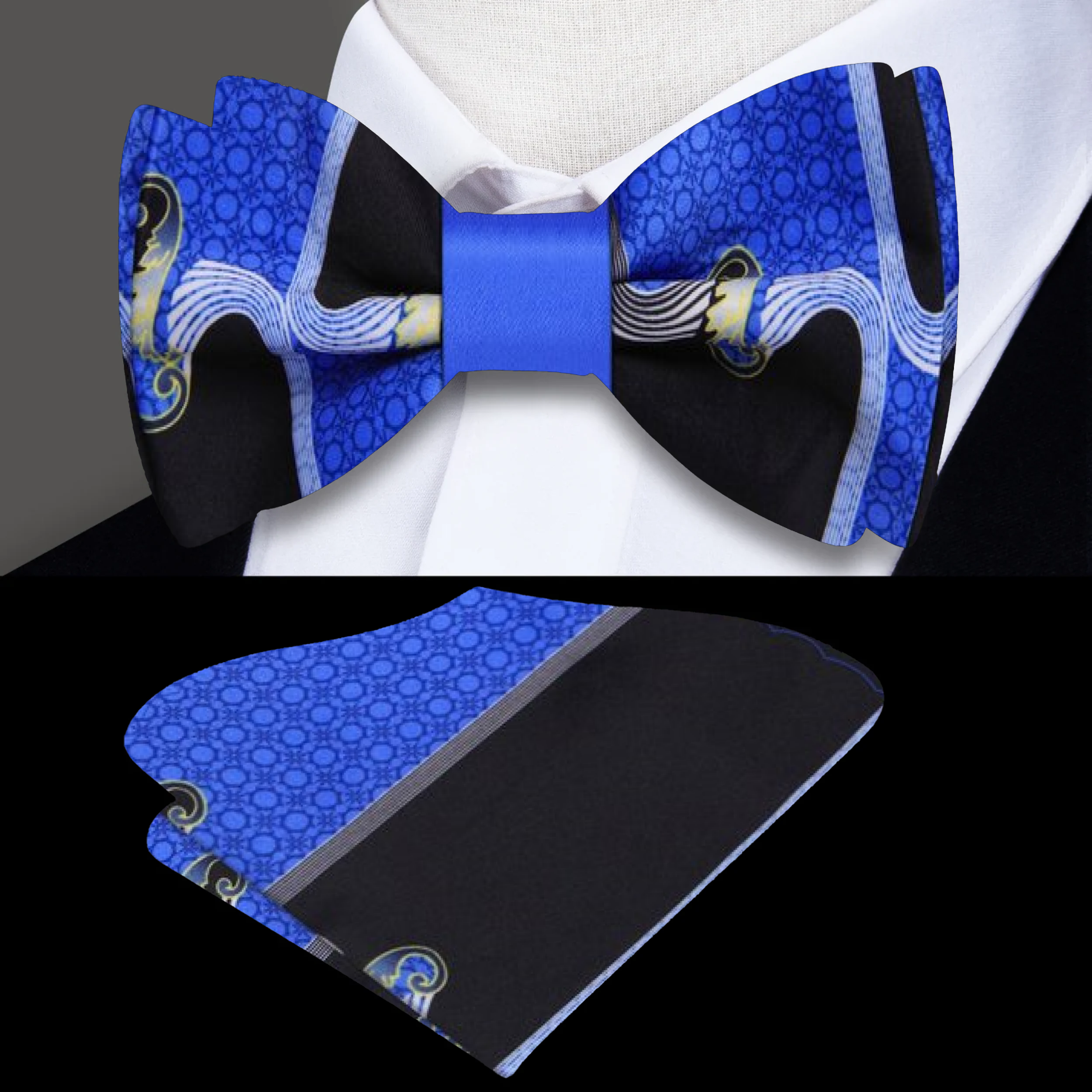 Close-up of abstract wave silk bow tie in black and red for formal occasions