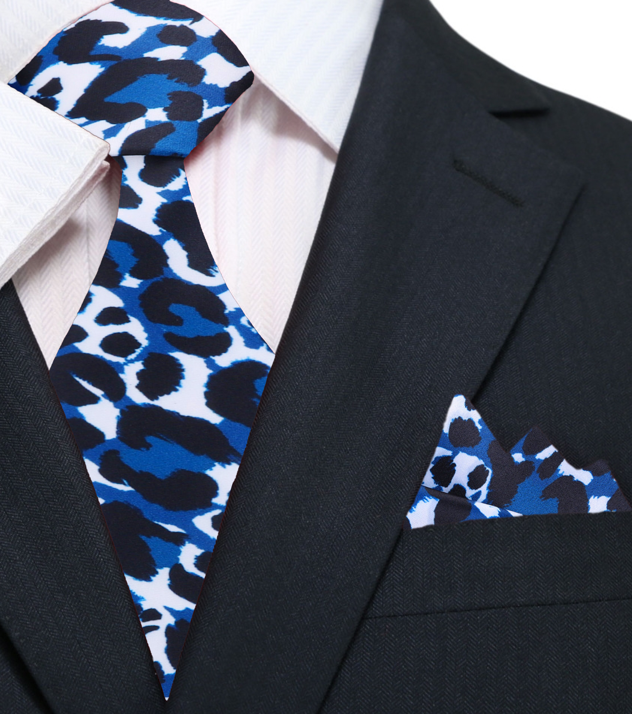 Close-up of the cheetah print necktie showcasing its vibrant pattern and silk texture.