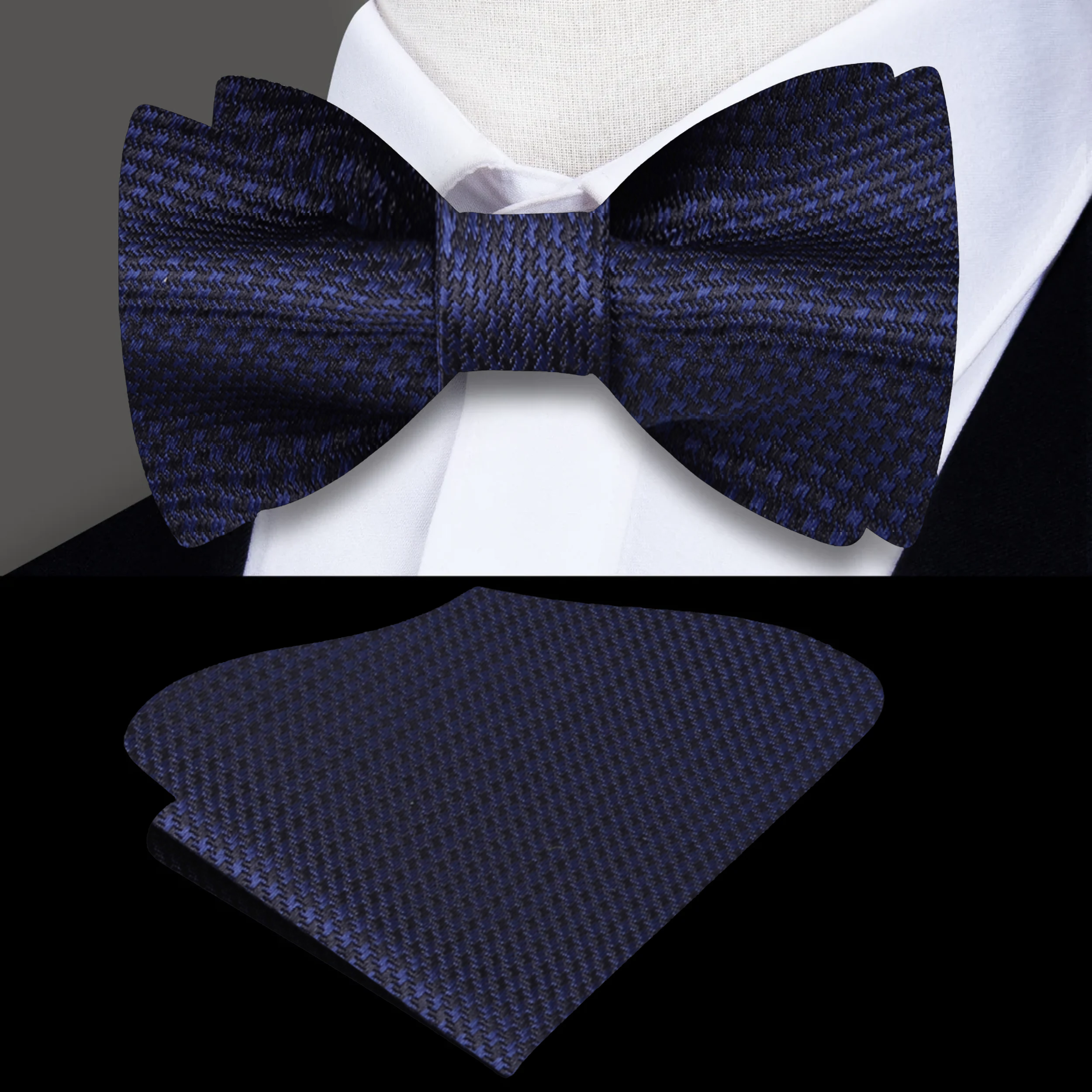Close-up of a self-tie houndstooth bow tie showcasing its luxurious silk texture.