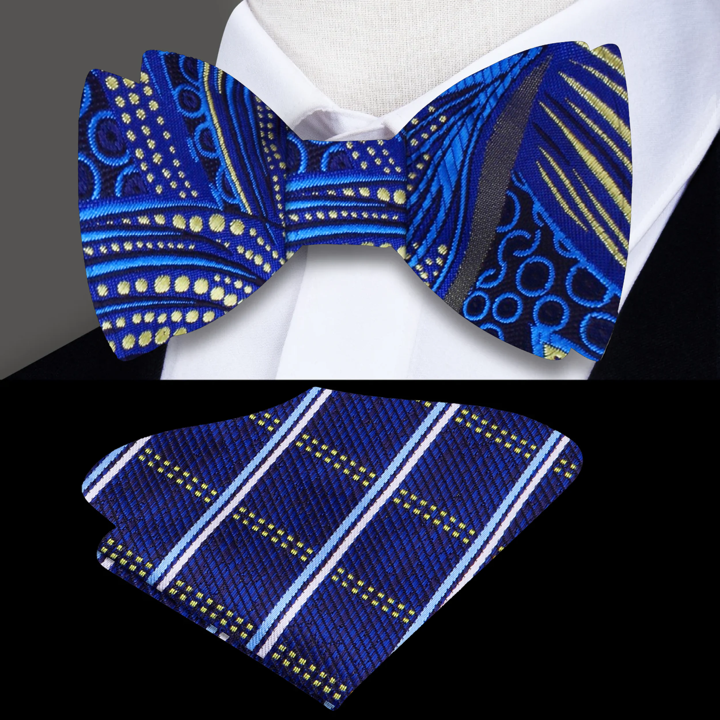 Close-up of a handmade tulip pattern silk bow tie for men, perfect for weddings Close-up of a handmade tulip pattern silk bow tie for men, perfect for weddings