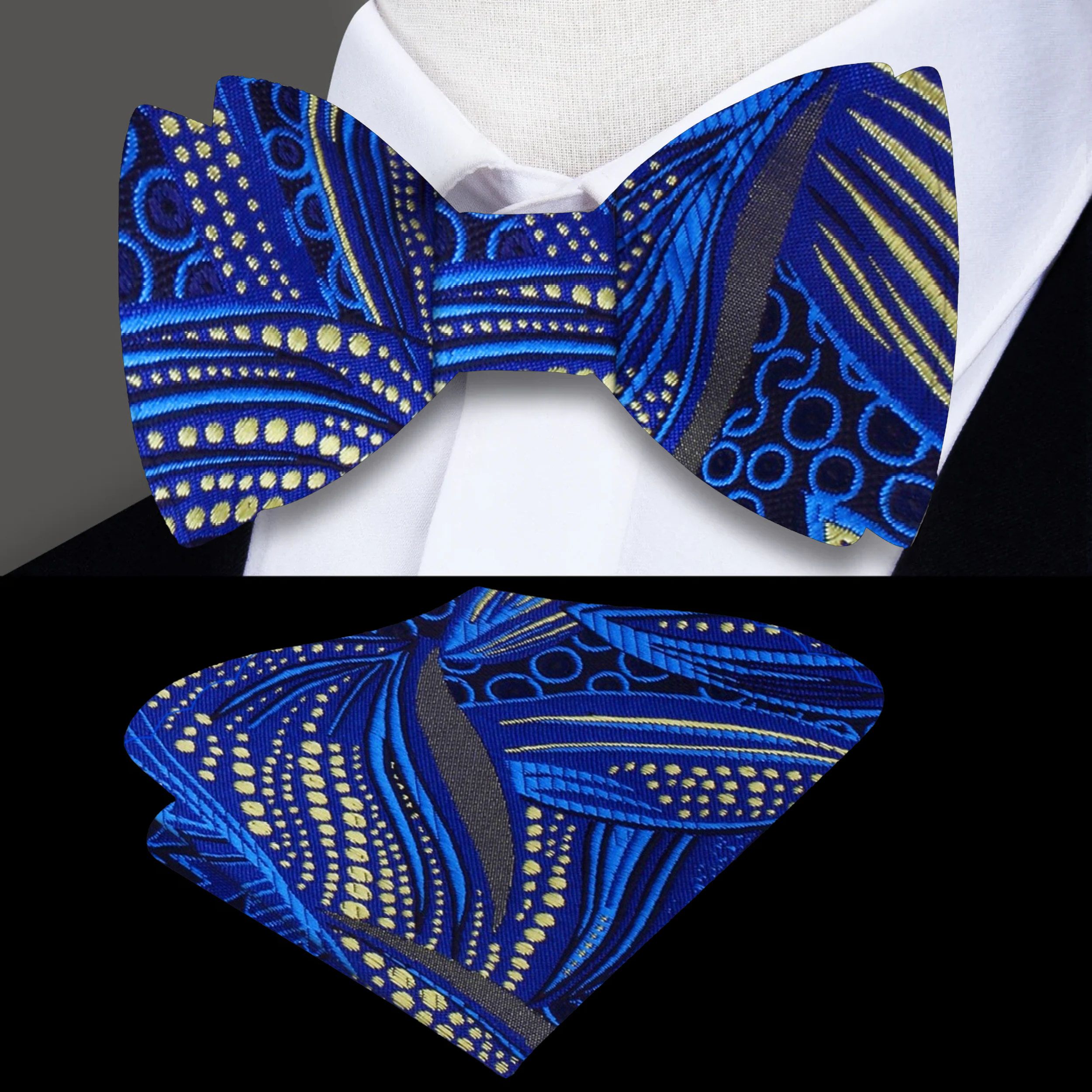 Model wearing an elegant self tie floral bow tie at a spring garden party