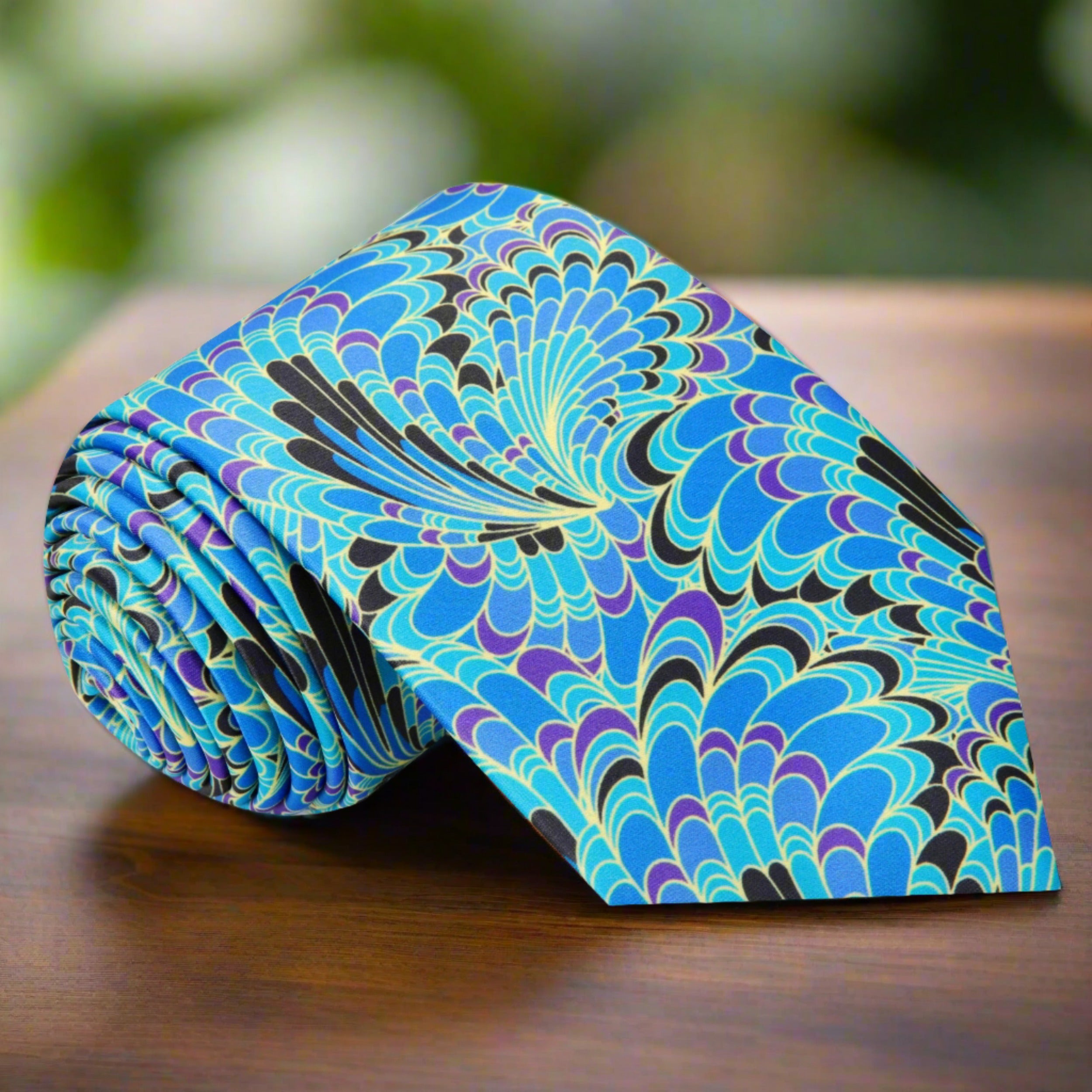 Elegant peacock feather pattern silk tie in blue, purple, green, and yellow for formal occasions