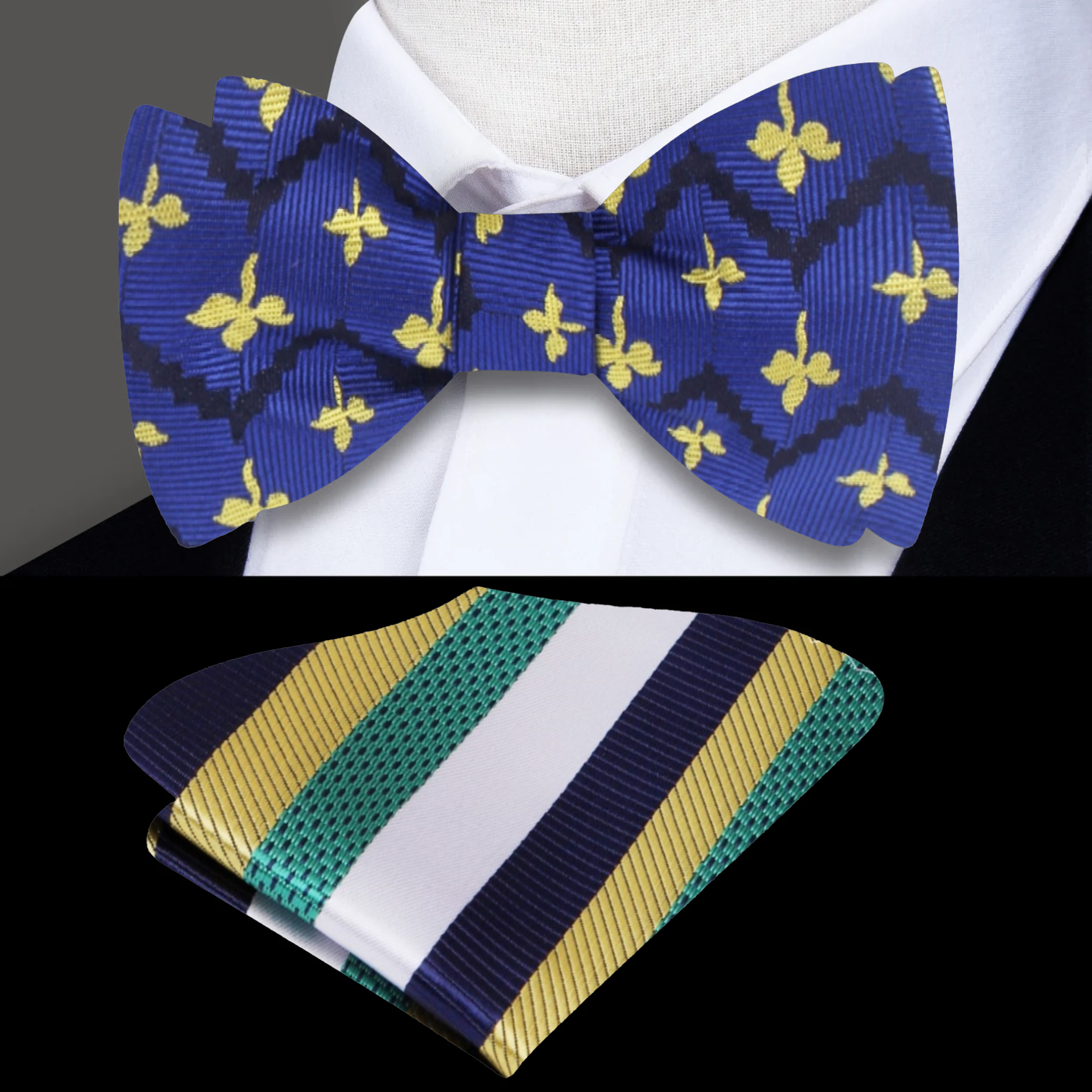 Close-up of the blue and yellow staff pattern bow tie, highlighting the intricate design.