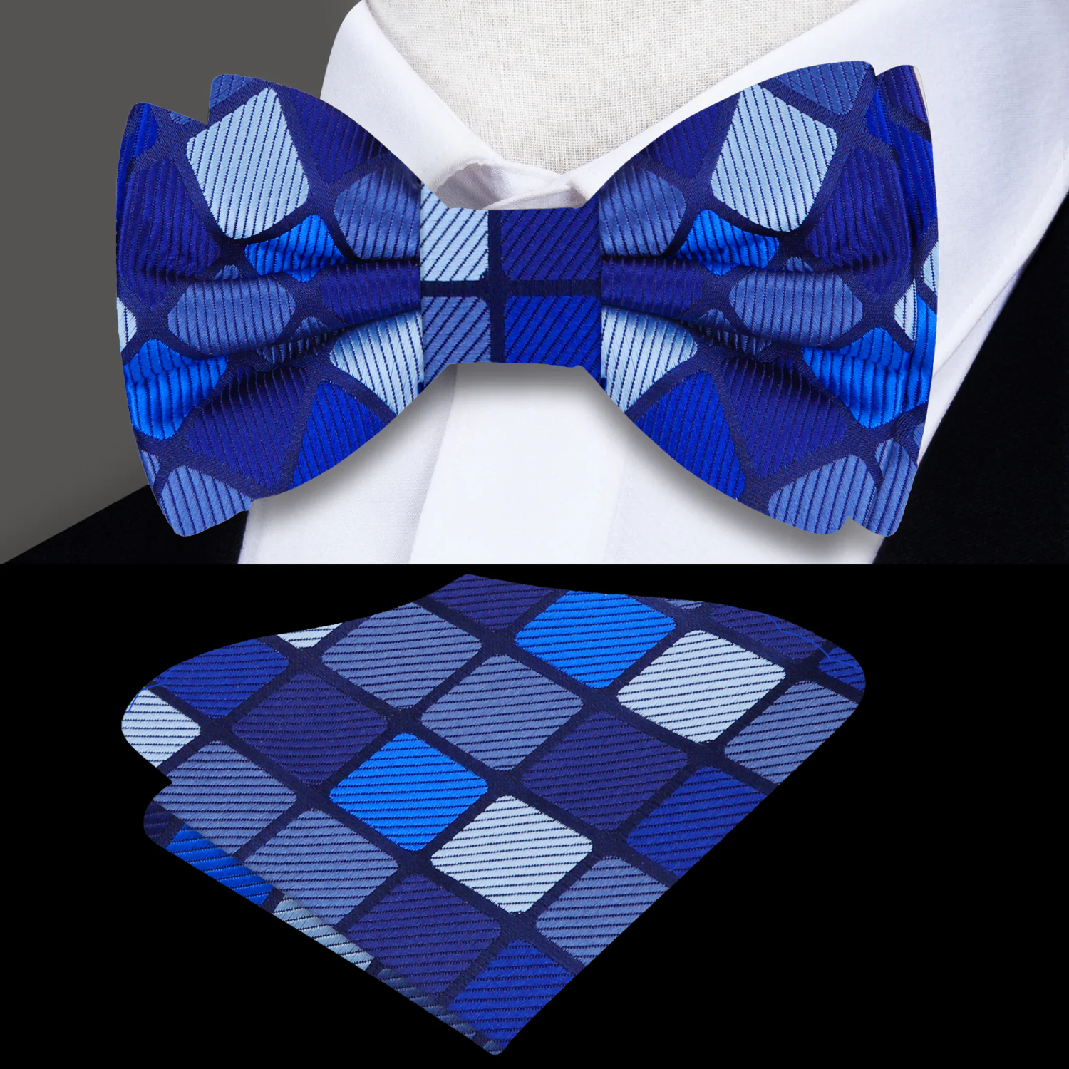 Blue self-tie bow tie with matching pocket square set against a dark suit.