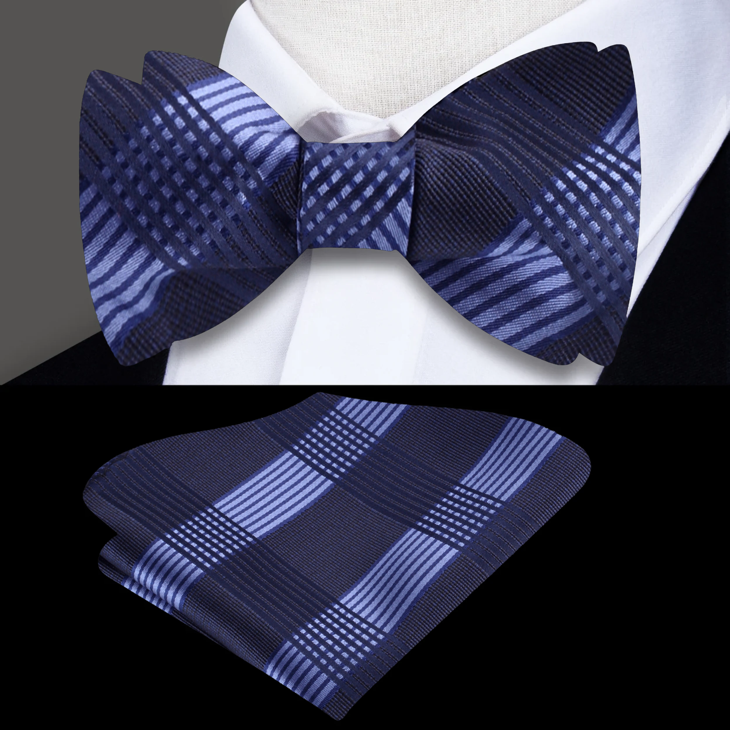 Model wearing a plaid bow tie with a white dress shirt for a wedding