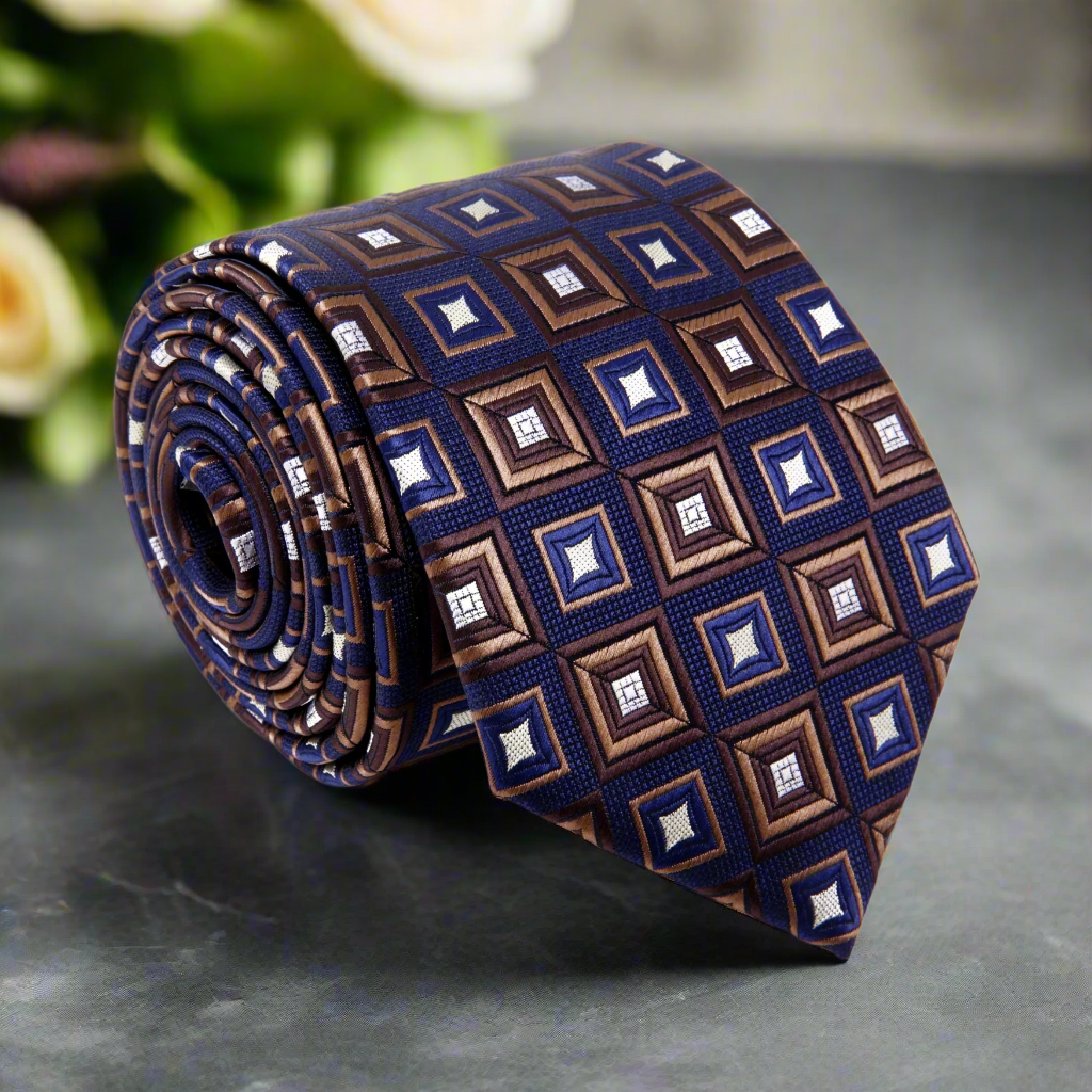 Close-up of the elegant blue silk necktie showcasing the brown squares pattern.
