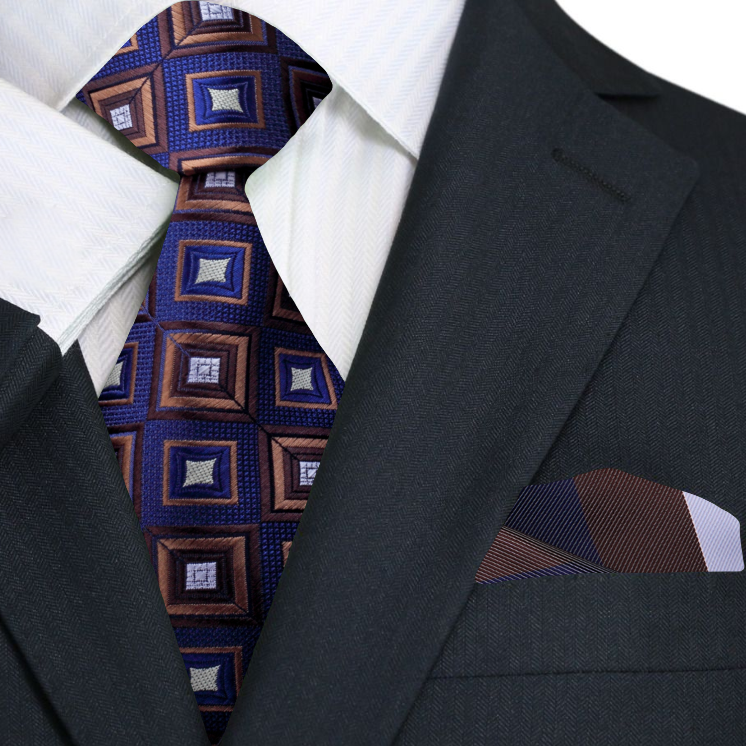 Model wearing the blue silk necktie at a corporate meeting.