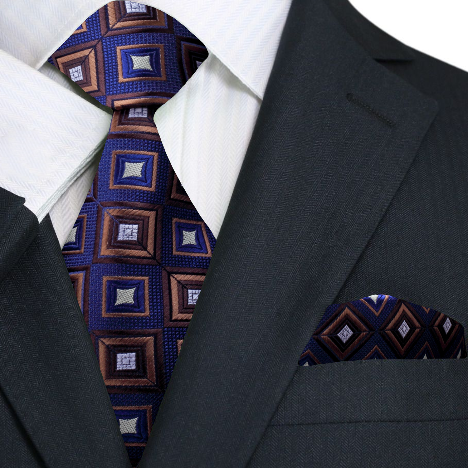 Close-up of the elegant blue silk necktie showcasing the brown squares pattern.