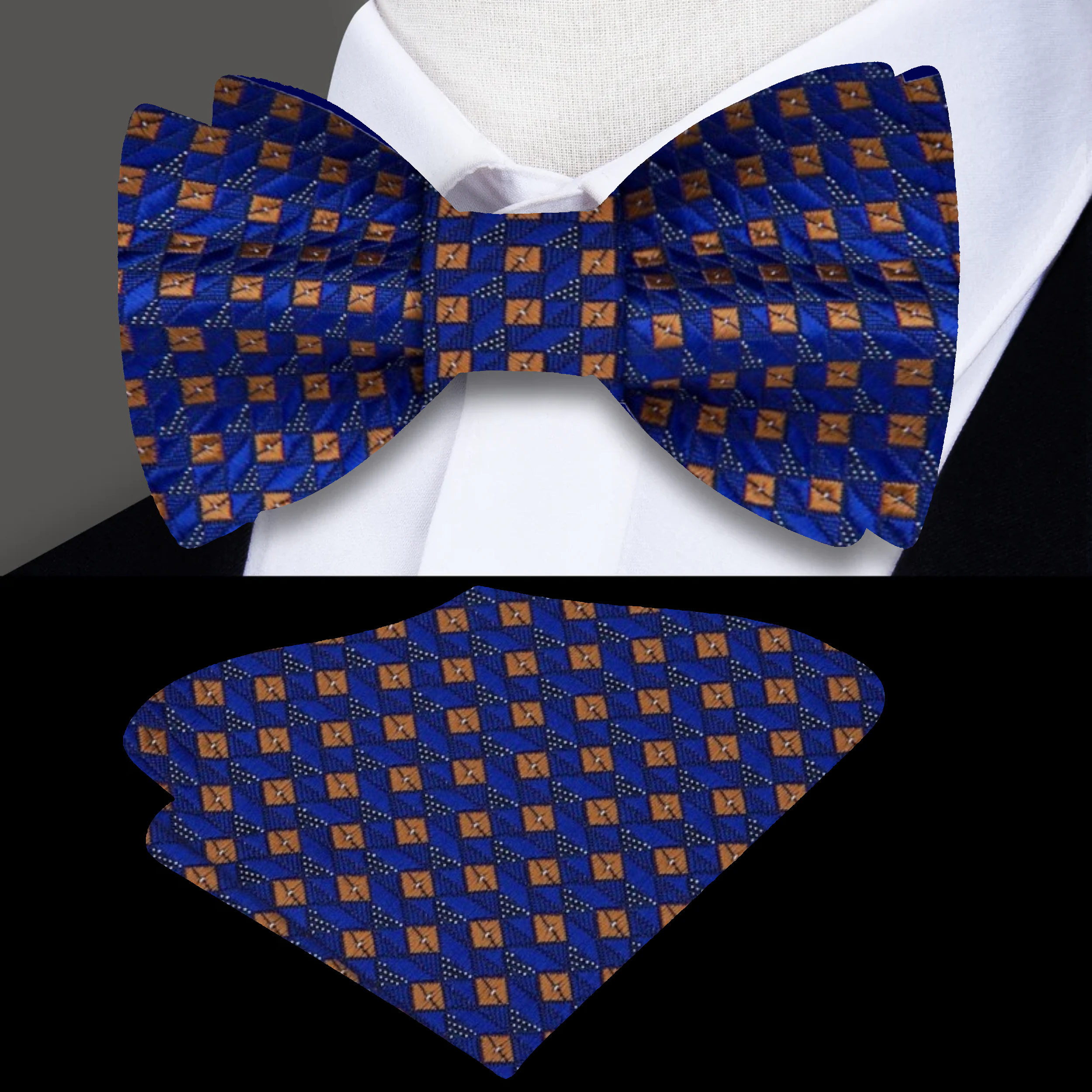 Close-up of dark blue self-tie bow tie with brown check pattern, suitable for formal occasions