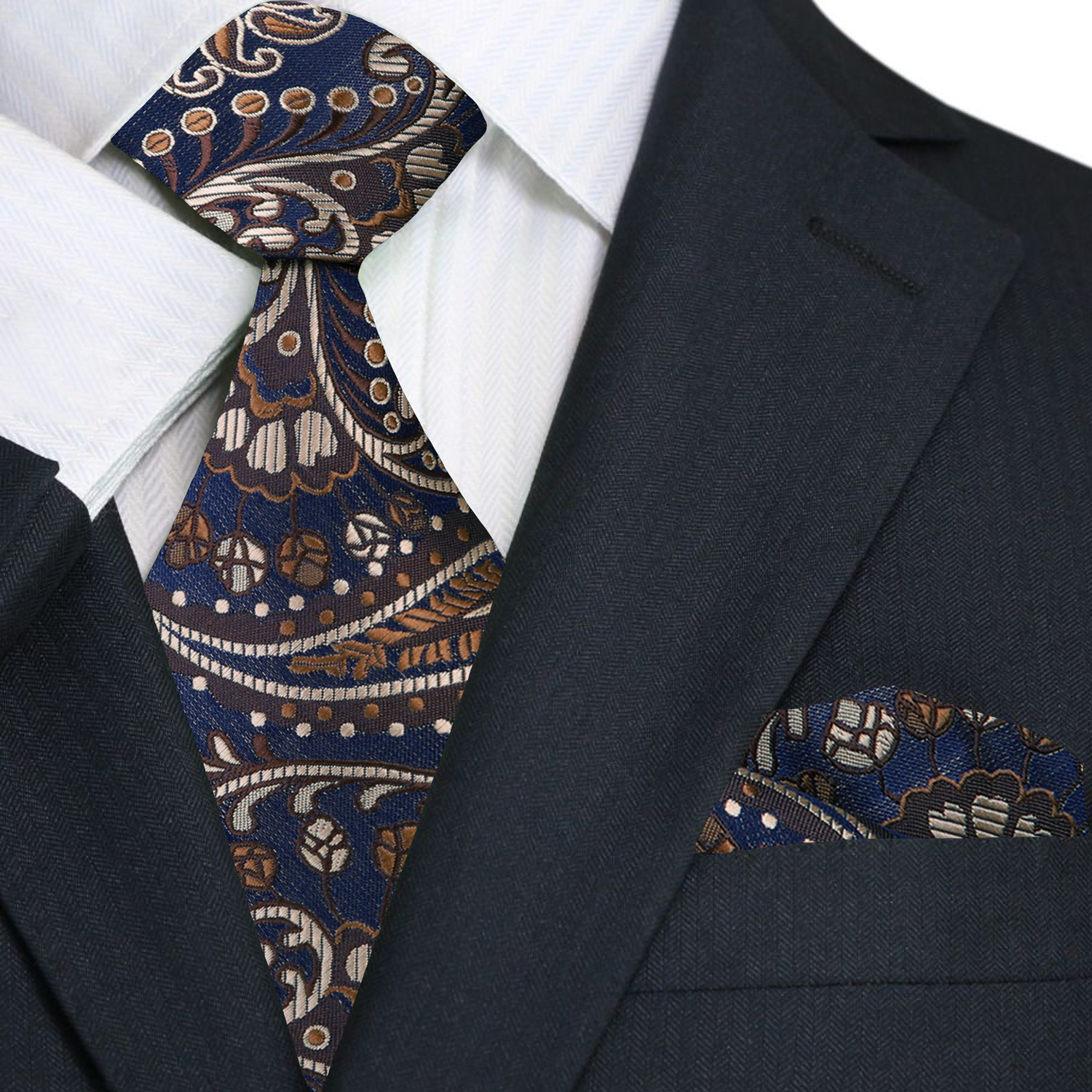 Man wearing a paisley tie with a navy suit during a business meeting