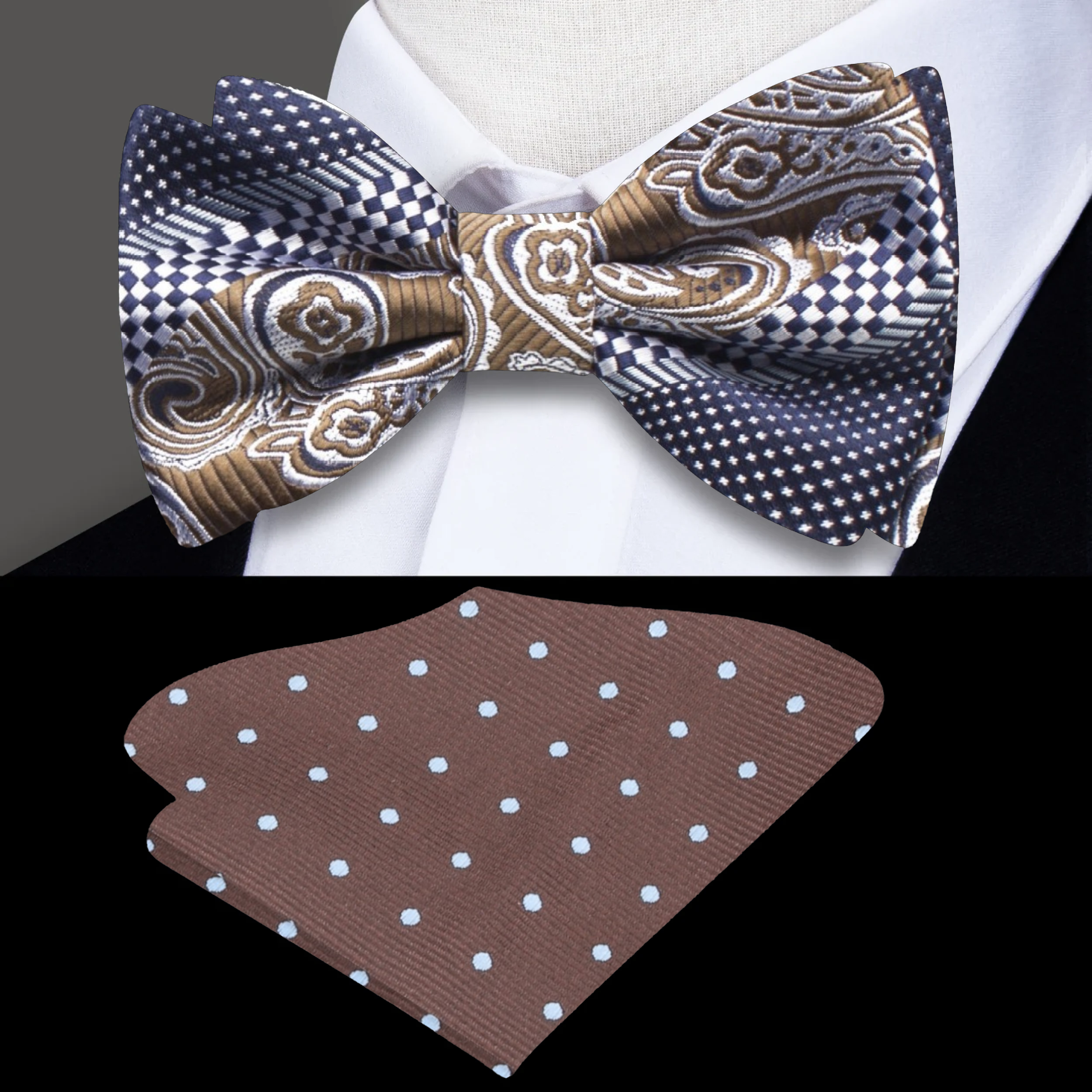 Front view of windebrook blue paisley bow tie on a white background, perfect for weddings and formal events