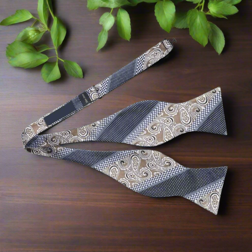 Front view of windebrook blue paisley bow tie on a white background, perfect for weddings and formal events