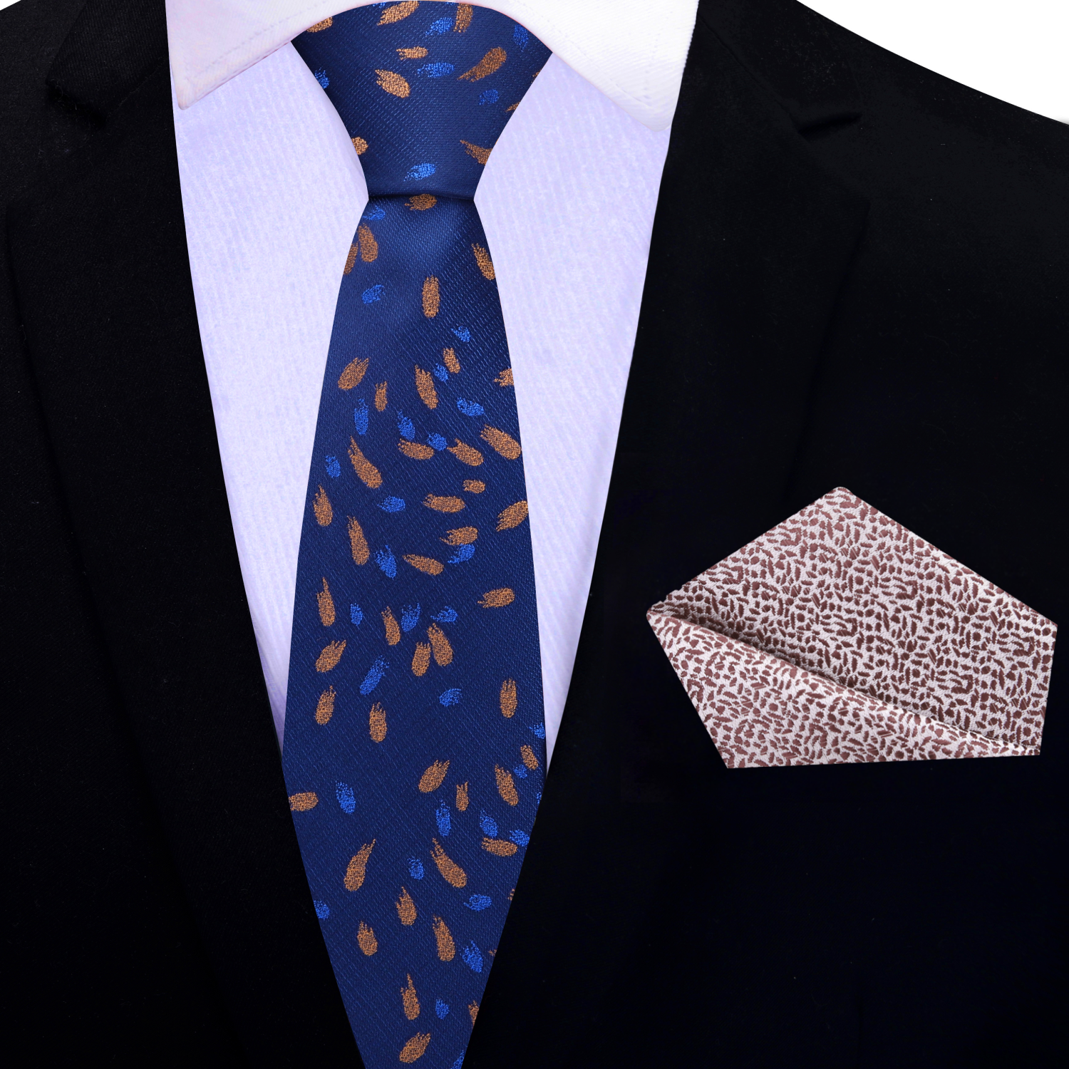 Close-up of dark blue silk tie showcasing comet-like shapes.