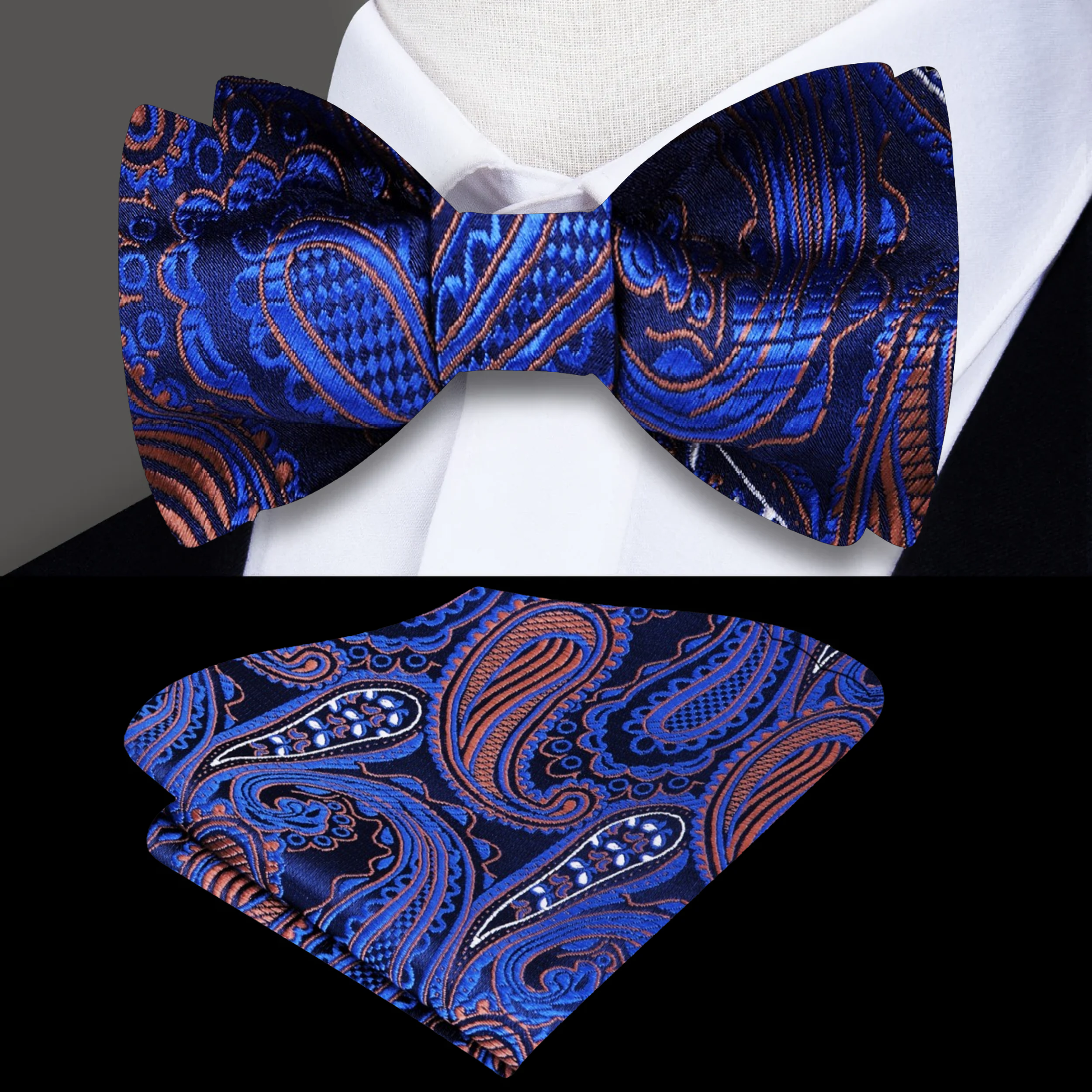 Elegant Light Yellow and Black Paisley Silk Bow Tie displayed on a white background.