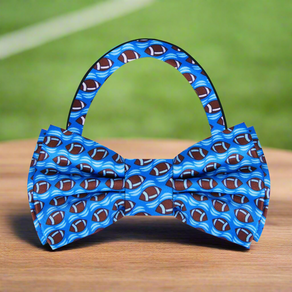 Close-up of a stylish football bow tie worn at a sports event