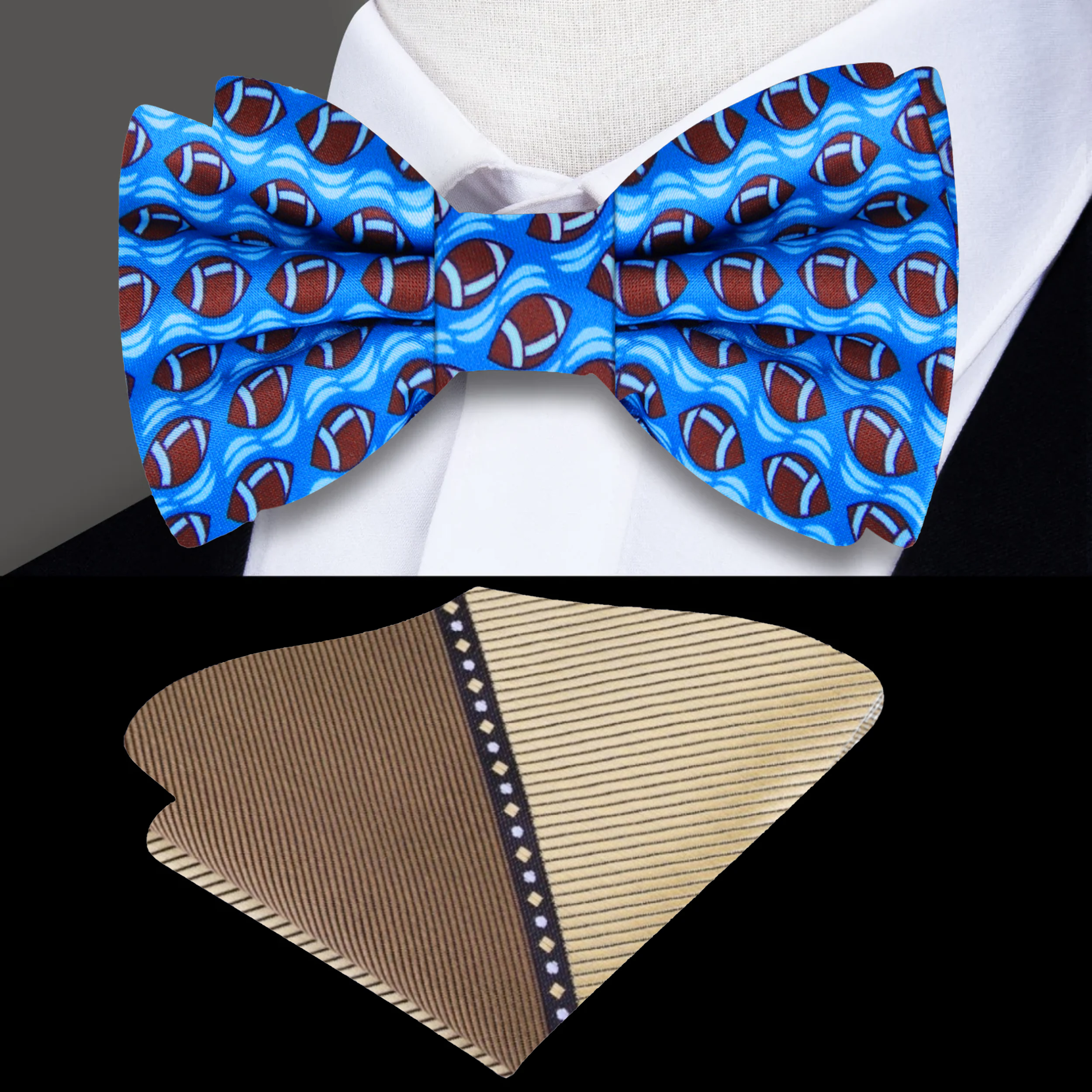Close-up of a stylish football bow tie worn at a sports event