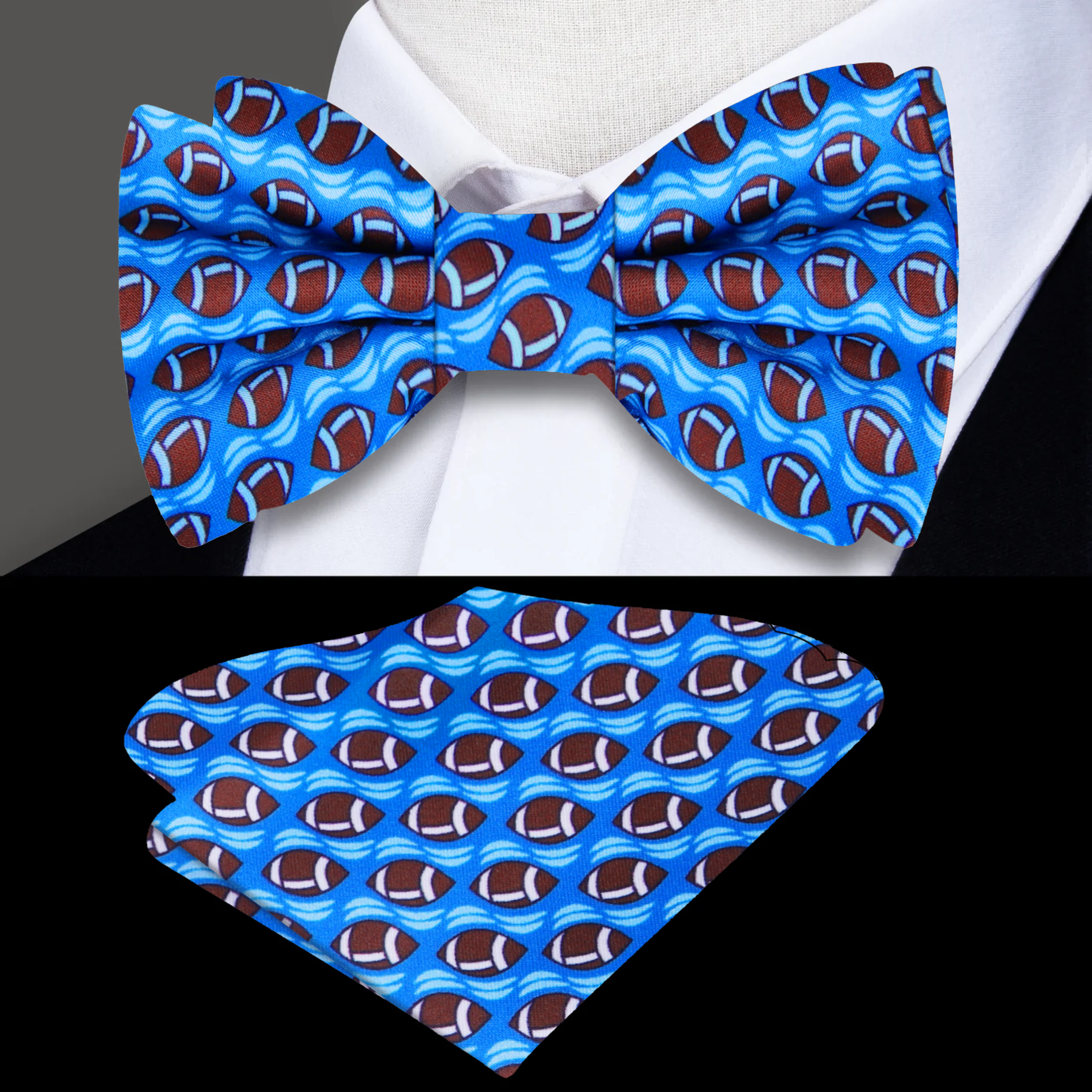 Silk football bow tie featuring a vibrant pattern for sports fans