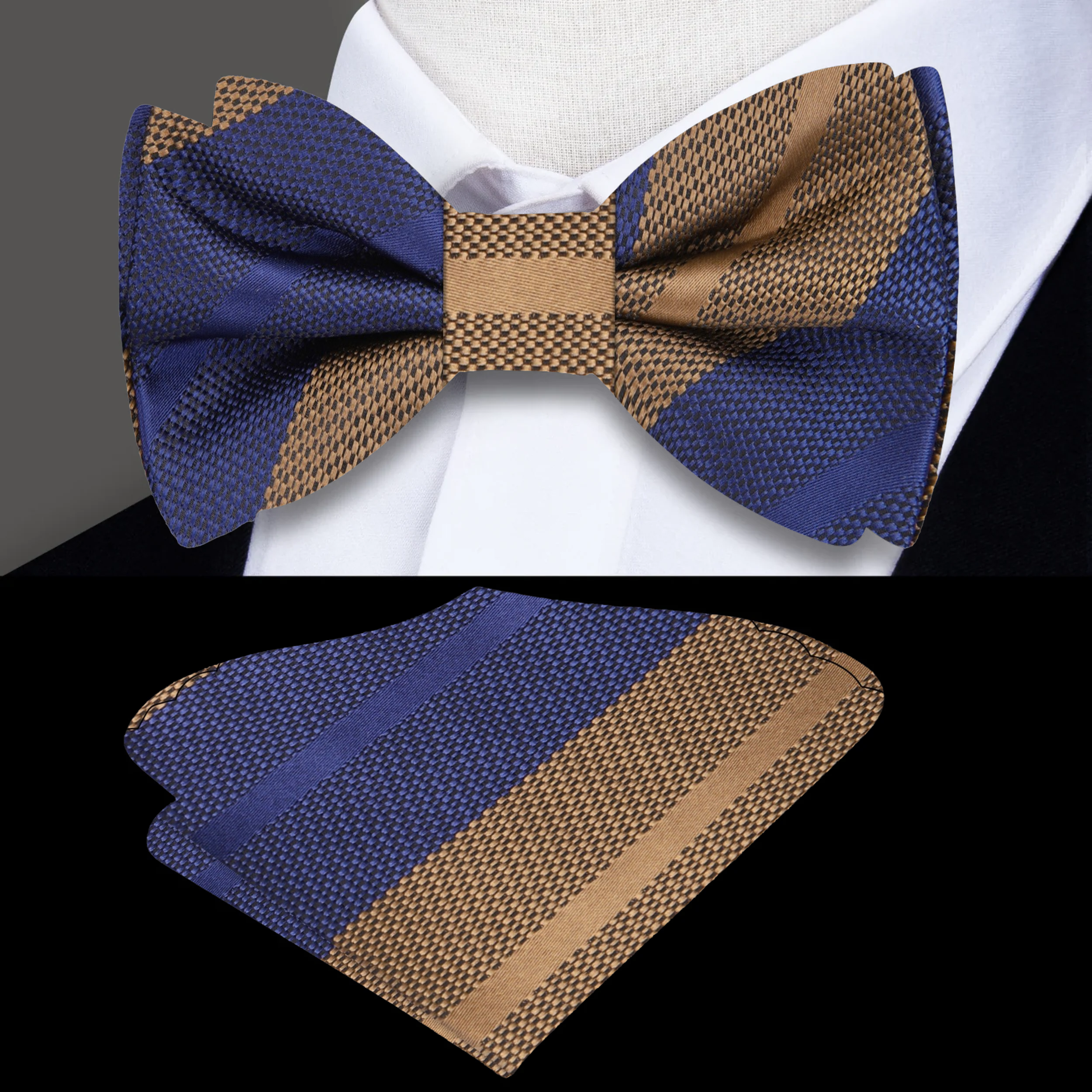 Close-up of the fabric pattern on the mens silk bow tie showing vibrant pink and grey stripes