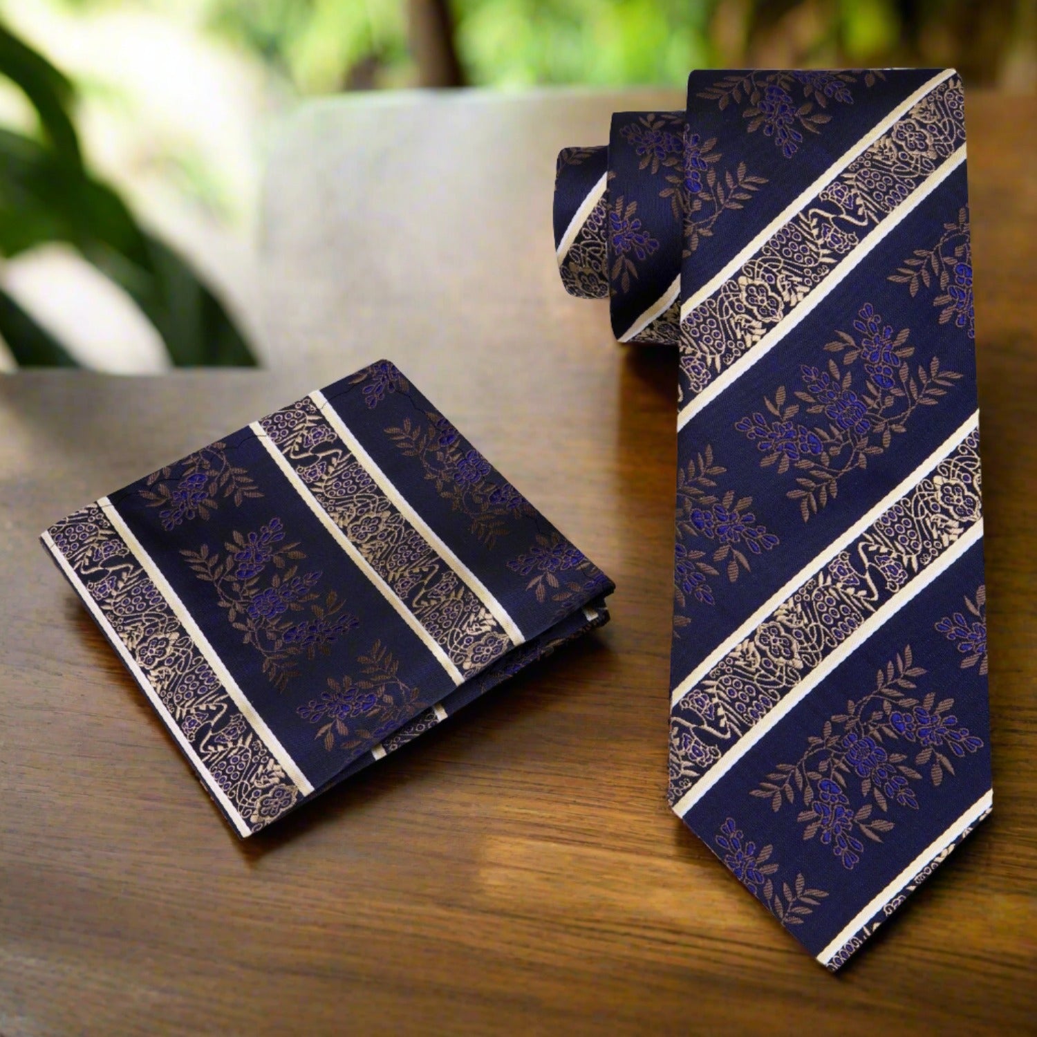 Fashionable floral tie paired with a matching pocket square for a sophisticated look