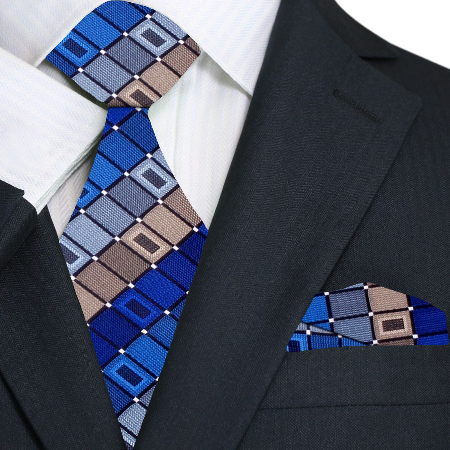 Men wearing the geometric silk necktie with a navy suit at a corporate event