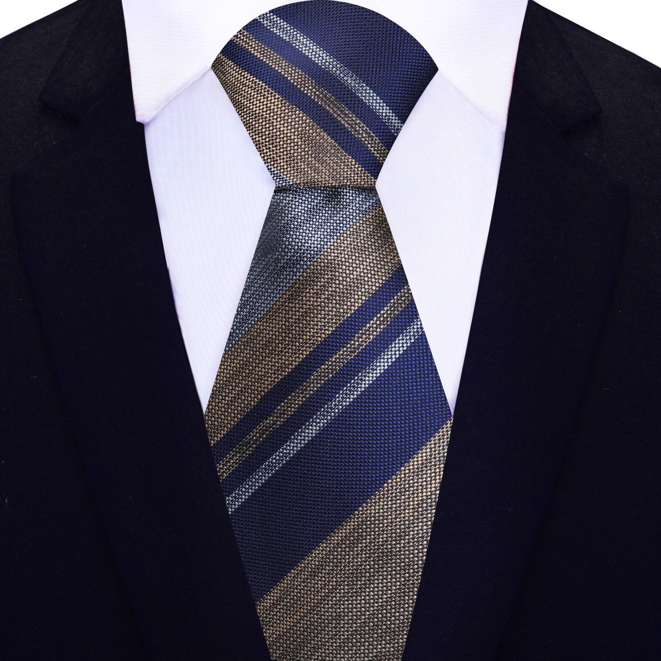 Front view of striped tie showcasing silk texture and blend of grey, blue, and brown tones.