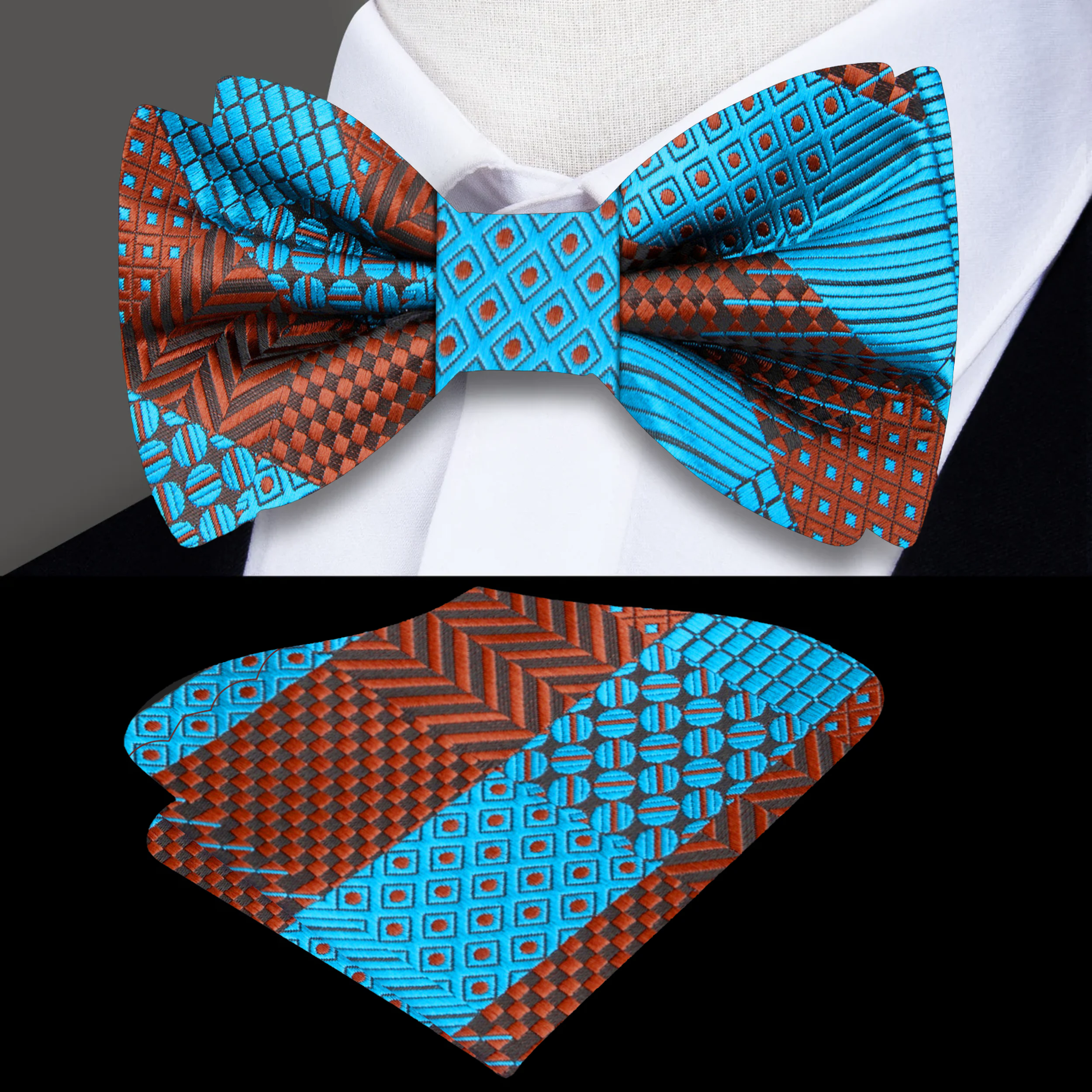 Fashionable geometric pattern bow tie paired with a dress shirt for elegant events