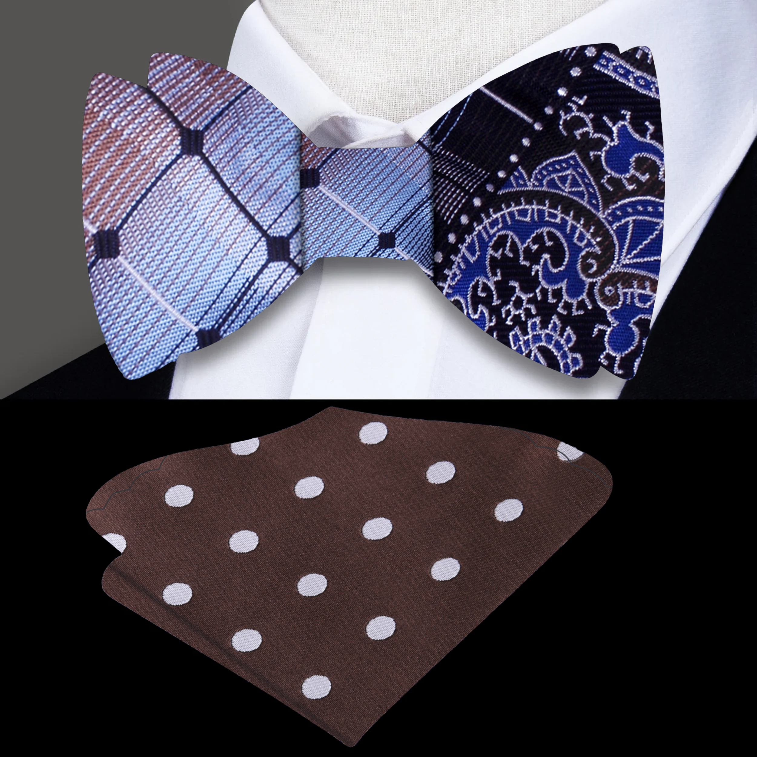 Front view of the Moon Rise Paisley Self-Tie Bow Tie in blue and brown silk
