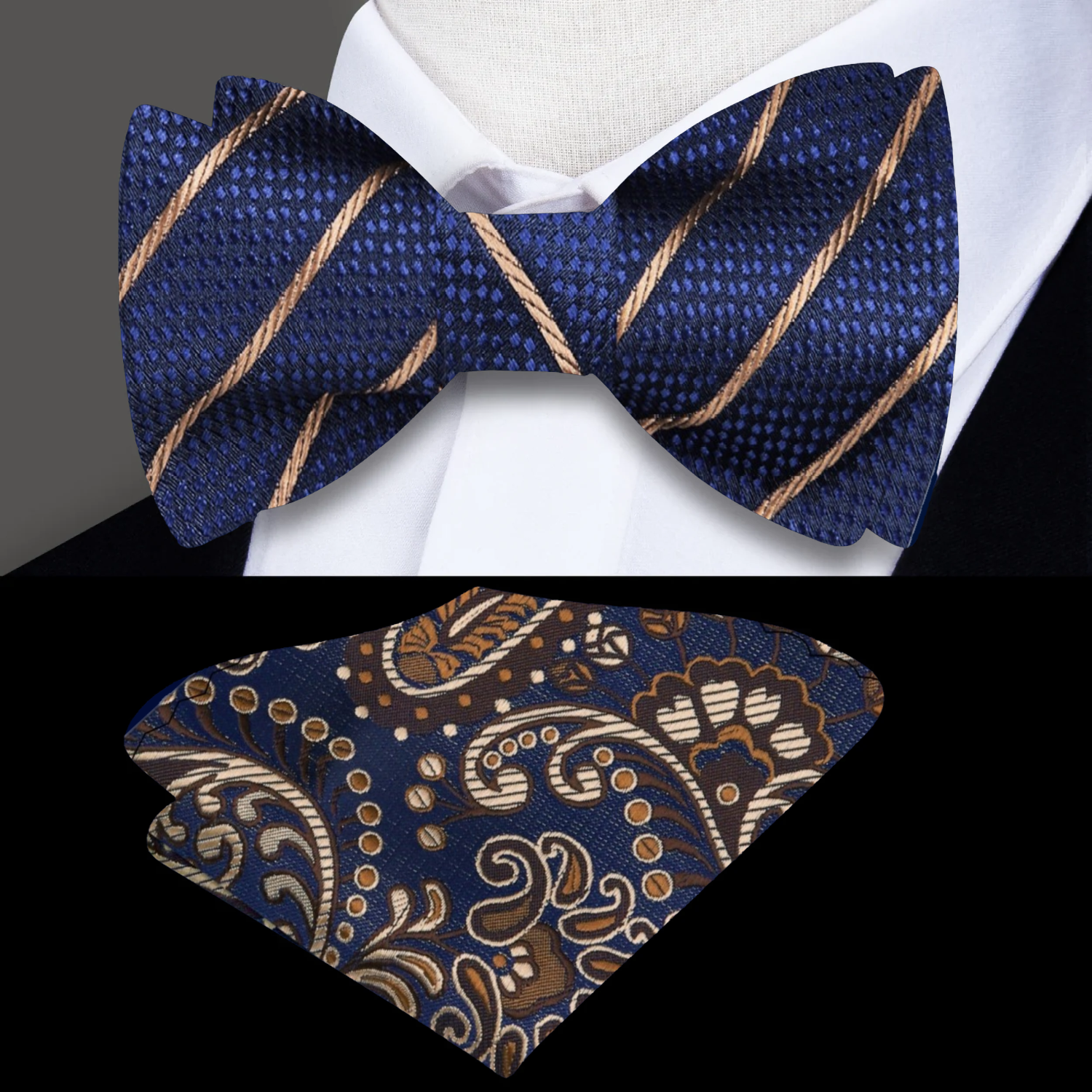 Mens bow tie styled with a navy suit for upscale dinner or wedding
