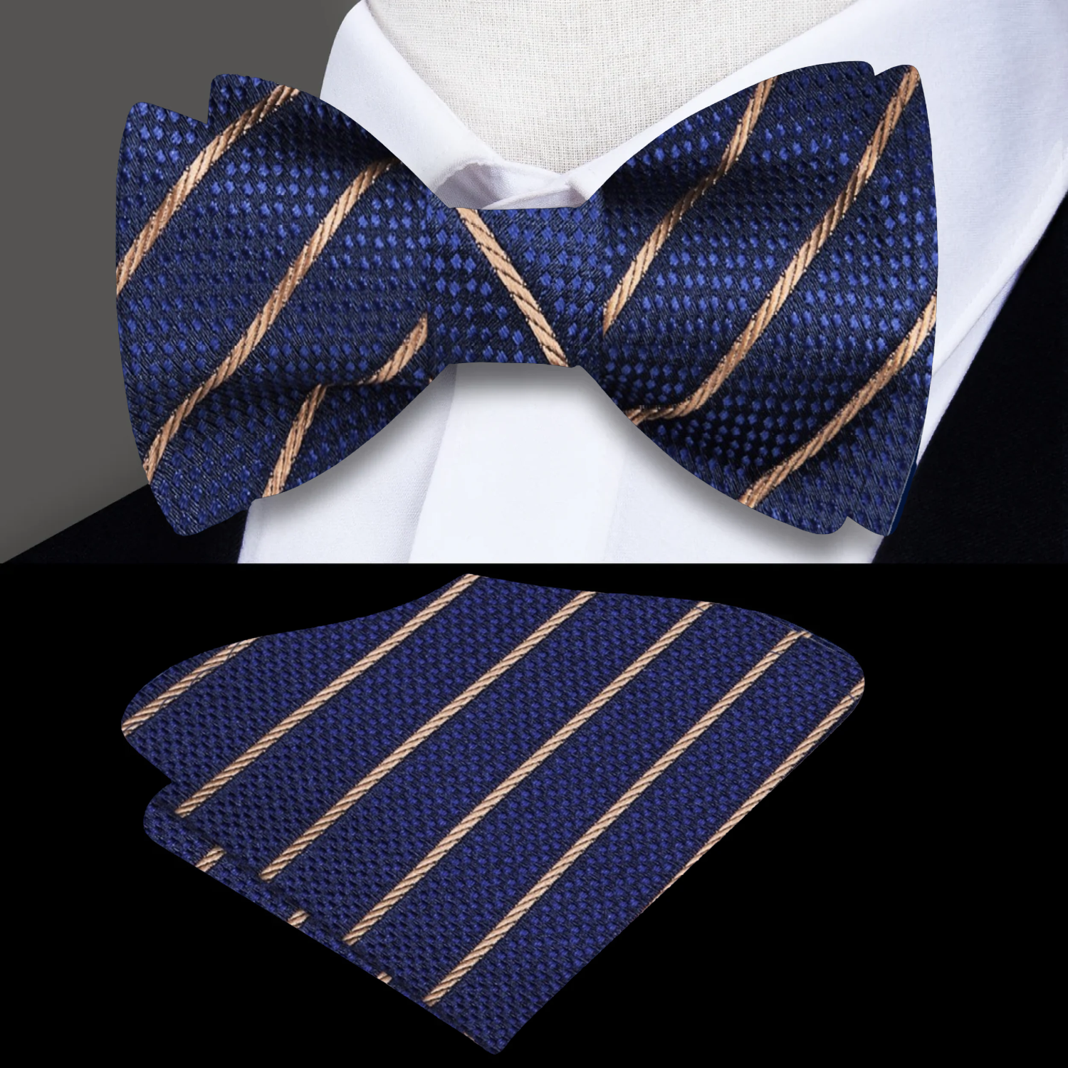 Elegant dark blue stripe bow tie worn with a white dress shirt for formal events