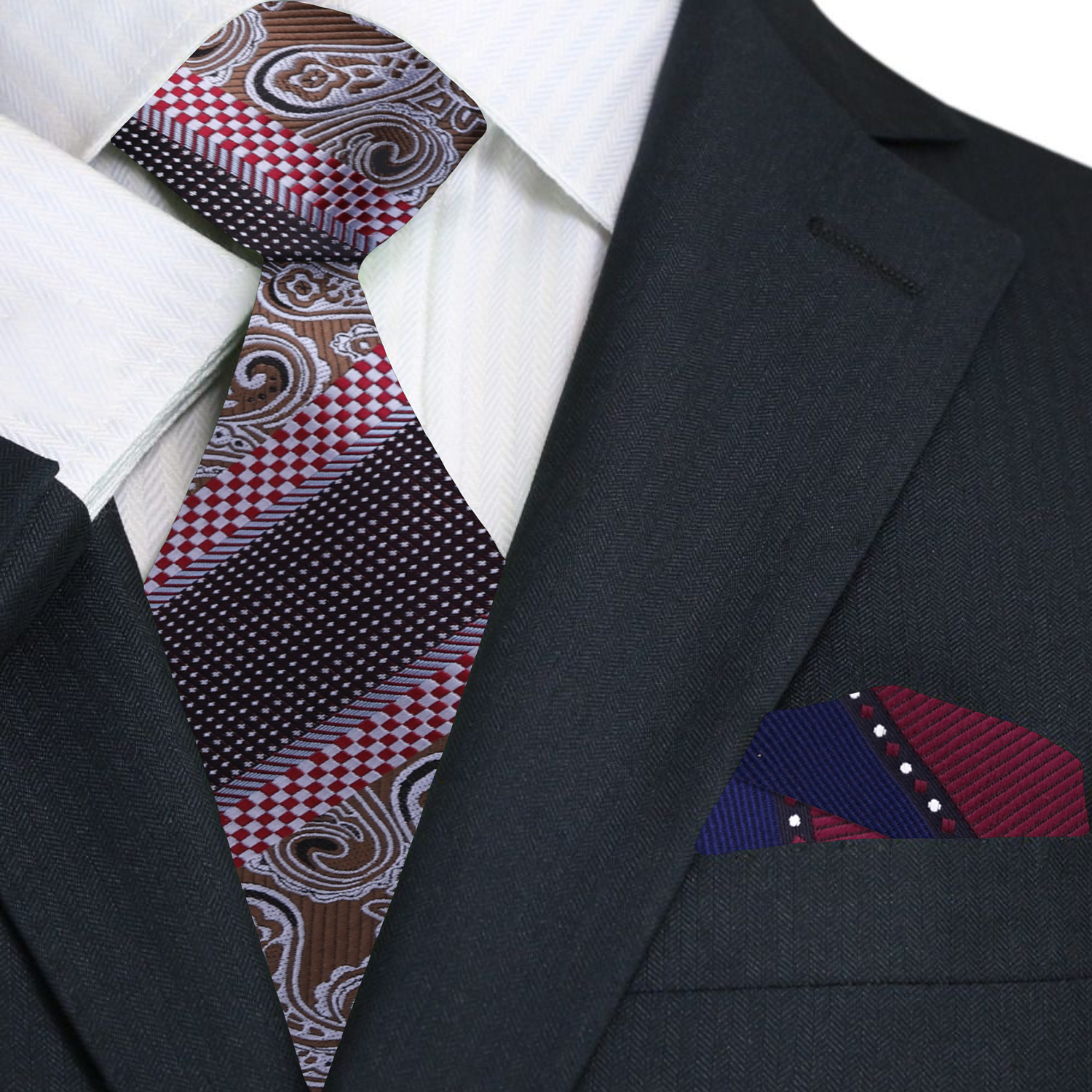 Model wearing the red and blue paisley necktie with a navy suit