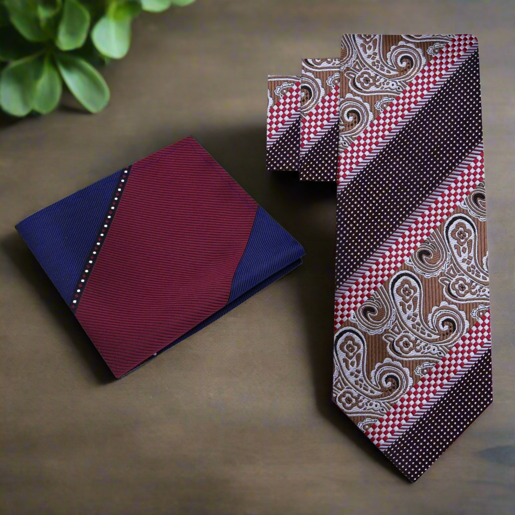 Close-up of the paisley pattern on the necktie, showcasing its intricate design