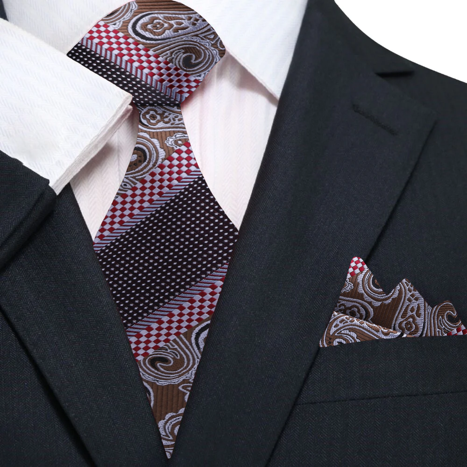 The stylish necktie paired with a crisp white dress shirt for a polished look.